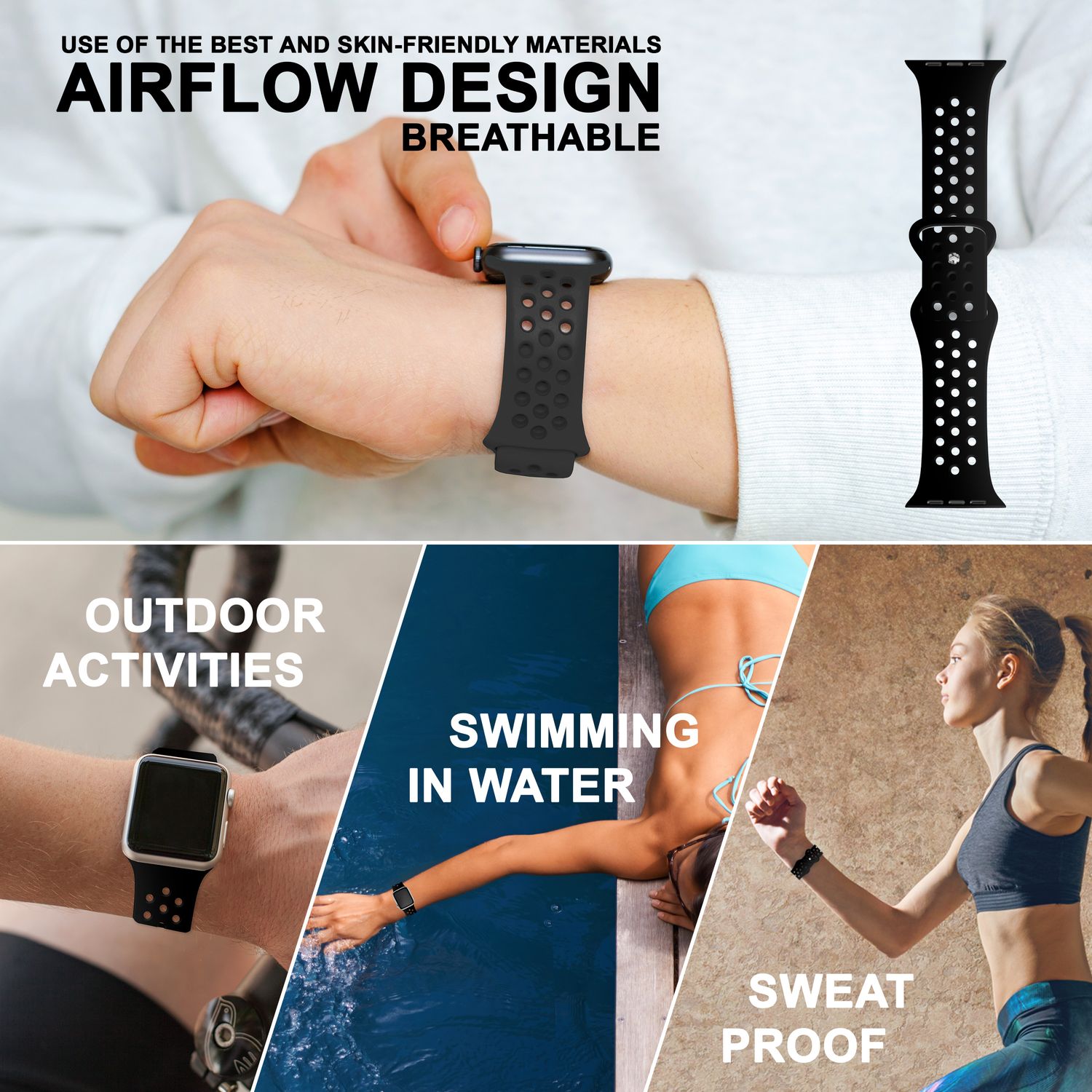 Gelochtes Armband für Apple Watch Ultra/SE/8/7/6/5/4/3/2/1, 42mm 44mm 45mm 49mm Schwarz NALIA Silikon Armband