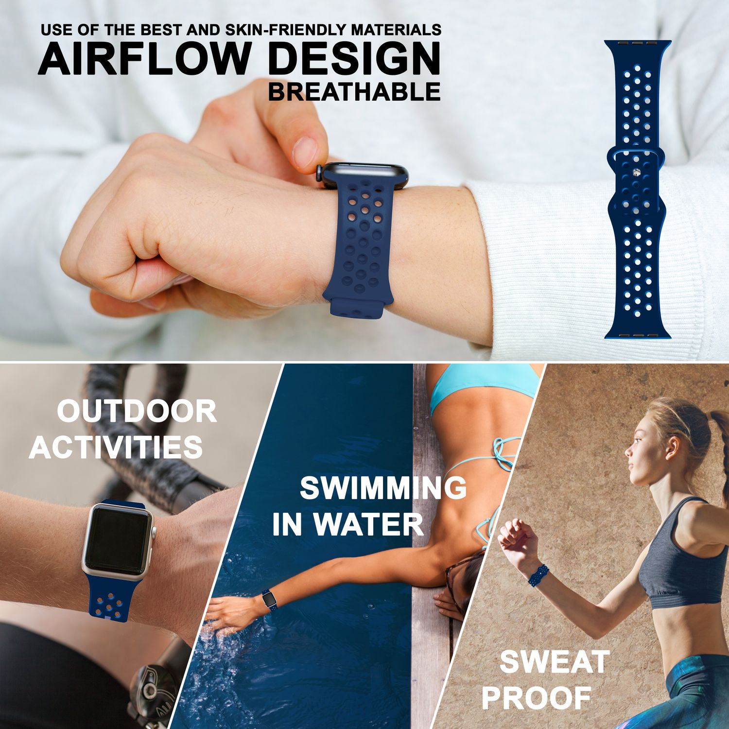 Gelochtes Armband für Apple Watch Ultra/SE/8/7/6/5/4/3/2/1, 42mm 44mm 45mm 49mm Dunkelblau NALIA Silikon Armband