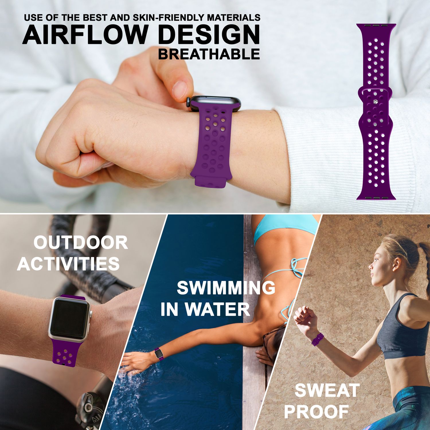 Gelochtes Armband für Apple Watch Ultra/SE/8/7/6/5/4/3/2/1, 42mm 44mm 45mm 49mm Dunkel-Lila NALIA Silikon Armband