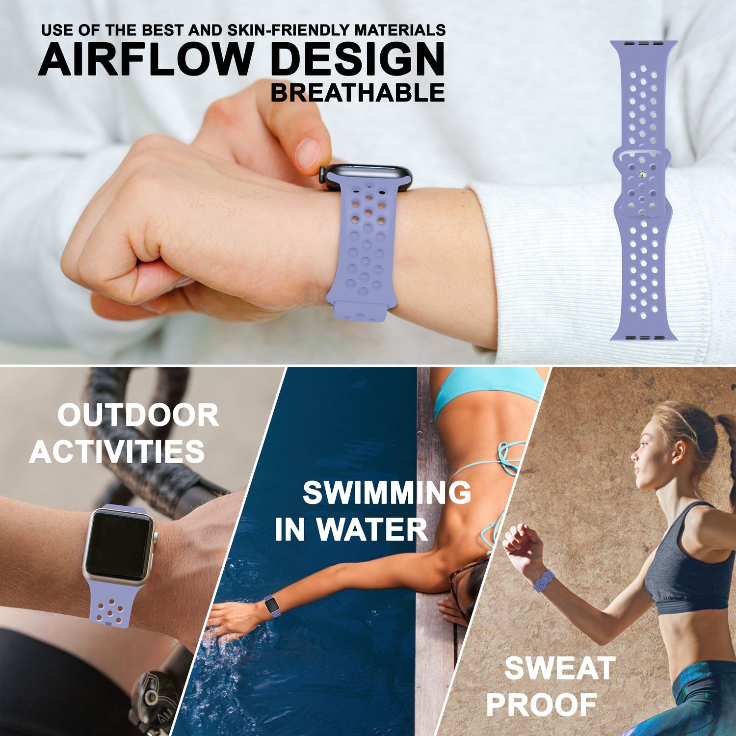 Gelochtes Armband für Apple Watch Ultra/SE/8/7/6/5/4/3/2/1, 42mm 44mm 45mm 49mm Lavendel NALIA Silikon Armband