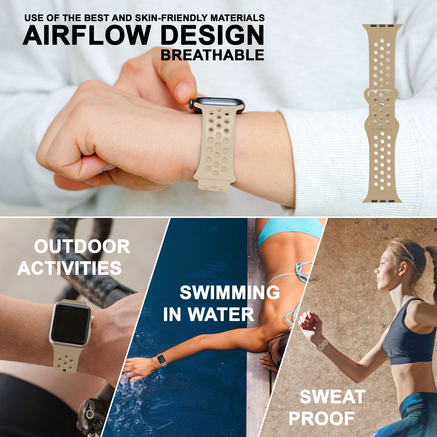 Gelochtes Armband für Apple Watch Ultra/SE/8/7/6/5/4/3/2/1, 42mm 44mm 45mm 49mm Beige NALIA Silikon Armband