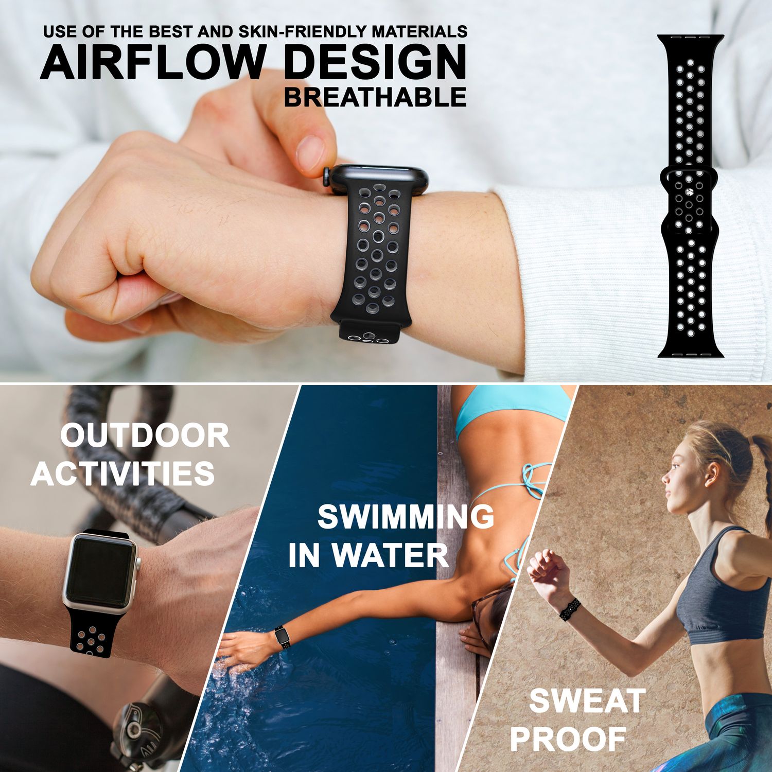 Airflow Silikon Armband für Apple Watch Ultra/Se/8/7/6/5/4/3/2/1, 38/40/41mm Schwarz Grau NALIA Silikon Armband