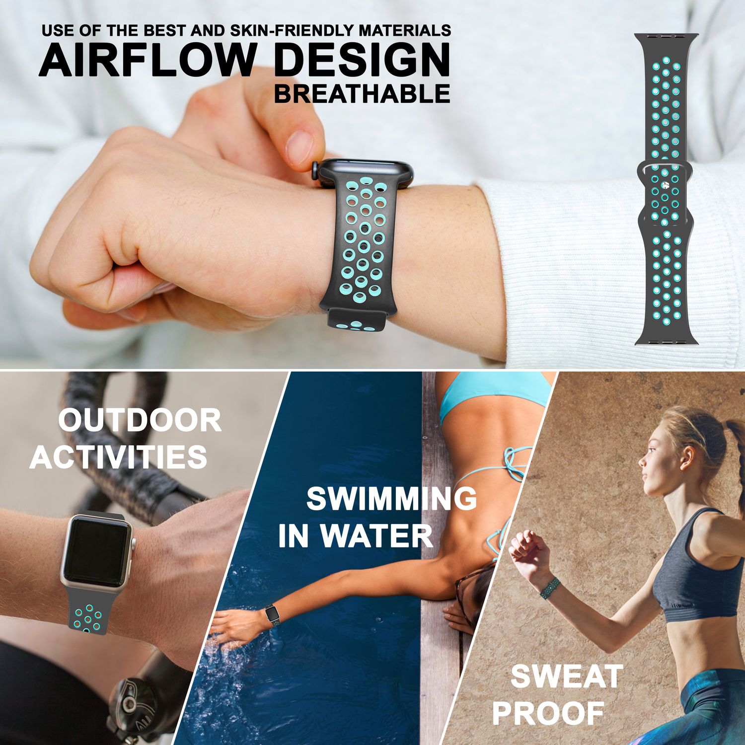 Airflow Silikon Armband für Apple Watch Ultra/Se/8/7/6/5/4/3/2/1, 38/40/41mm Grau Türkis NALIA Silikon Armband