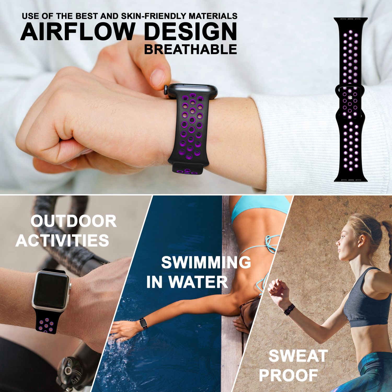 Airflow Silikon Armband für Apple Watch Ultra/Se/8/7/6/5/4/3/2/1, 42/44/45/49mm Schwarz Lila NALIA Silikon Armband