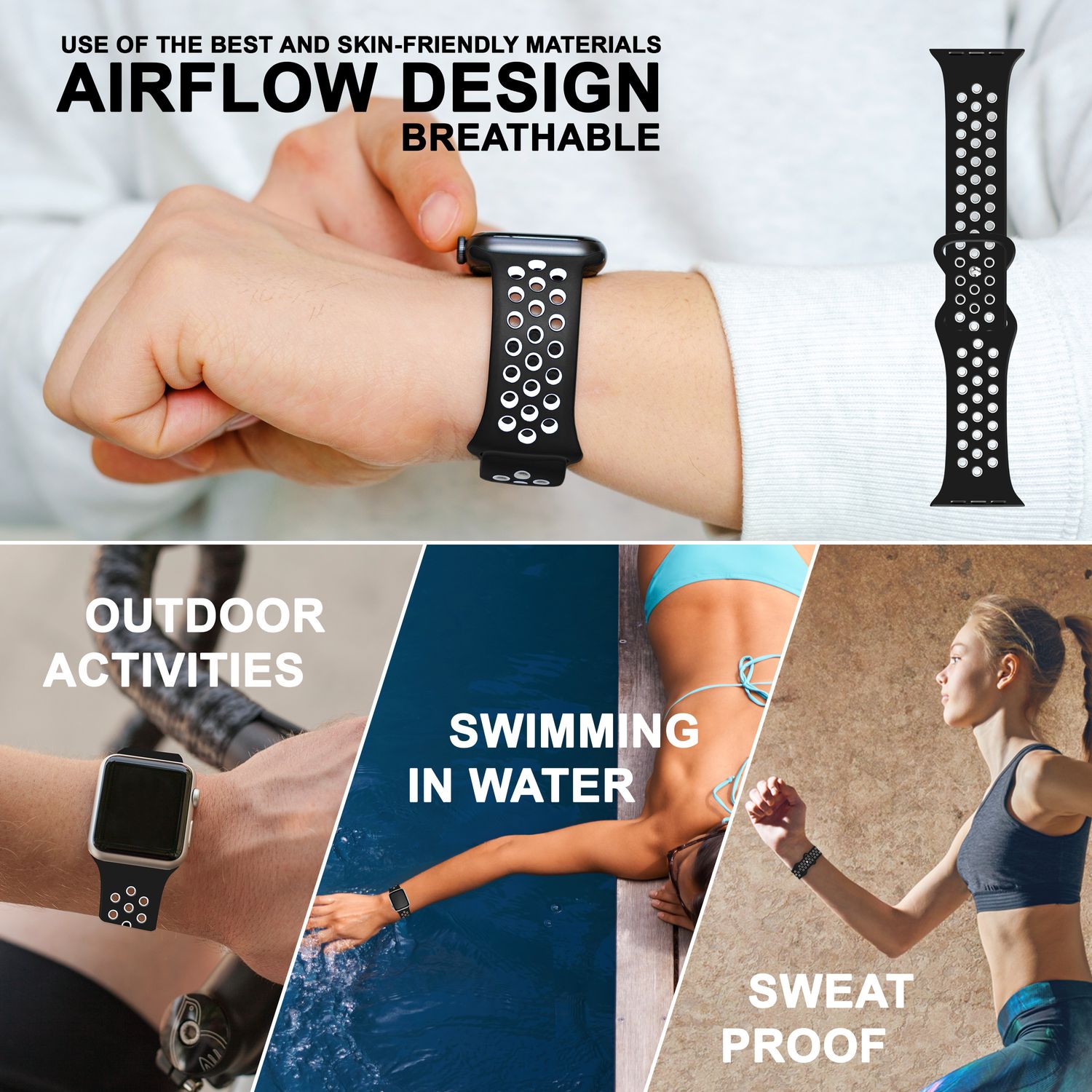 Airflow Silikon Armband für Apple Watch Ultra/Se/8/7/6/5/4/3/2/1, 42/44/45/49mm Schwarz Weiß NALIA Silikon Armband