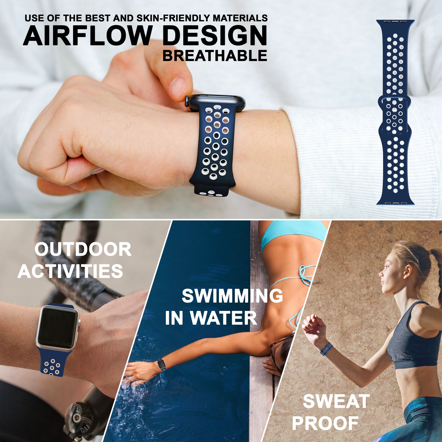 Airflow Silikon Armband für Apple Watch Ultra/Se/8/7/6/5/4/3/2/1, 42/44/45/49mm Blau Weiß NALIA Silikon Armband