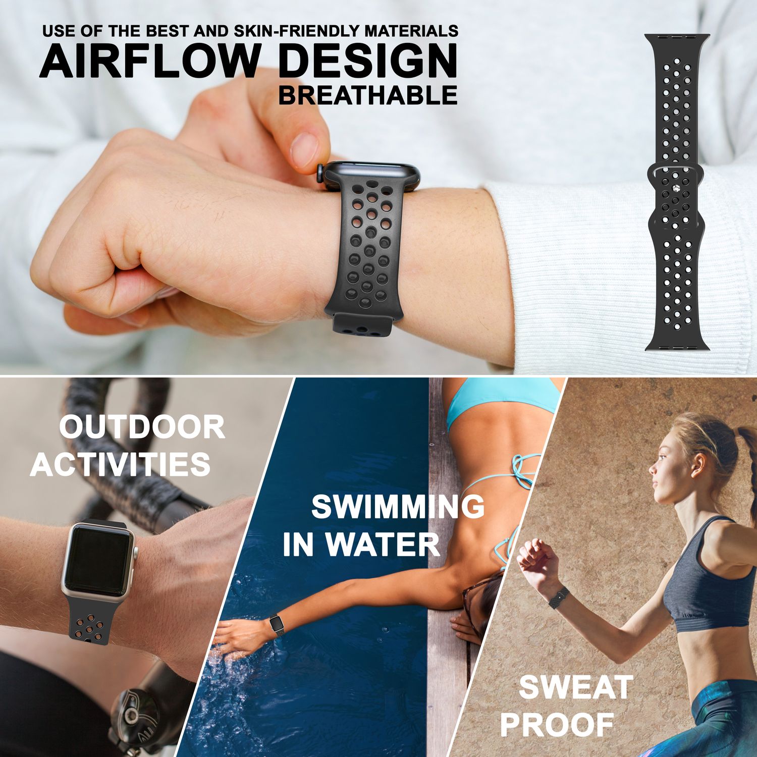 Airflow Silikon Armband für Apple Watch Ultra/Se/8/7/6/5/4/3/2/1, 42/44/45/49mm Grau Schwarz NALIA Silikon Armband