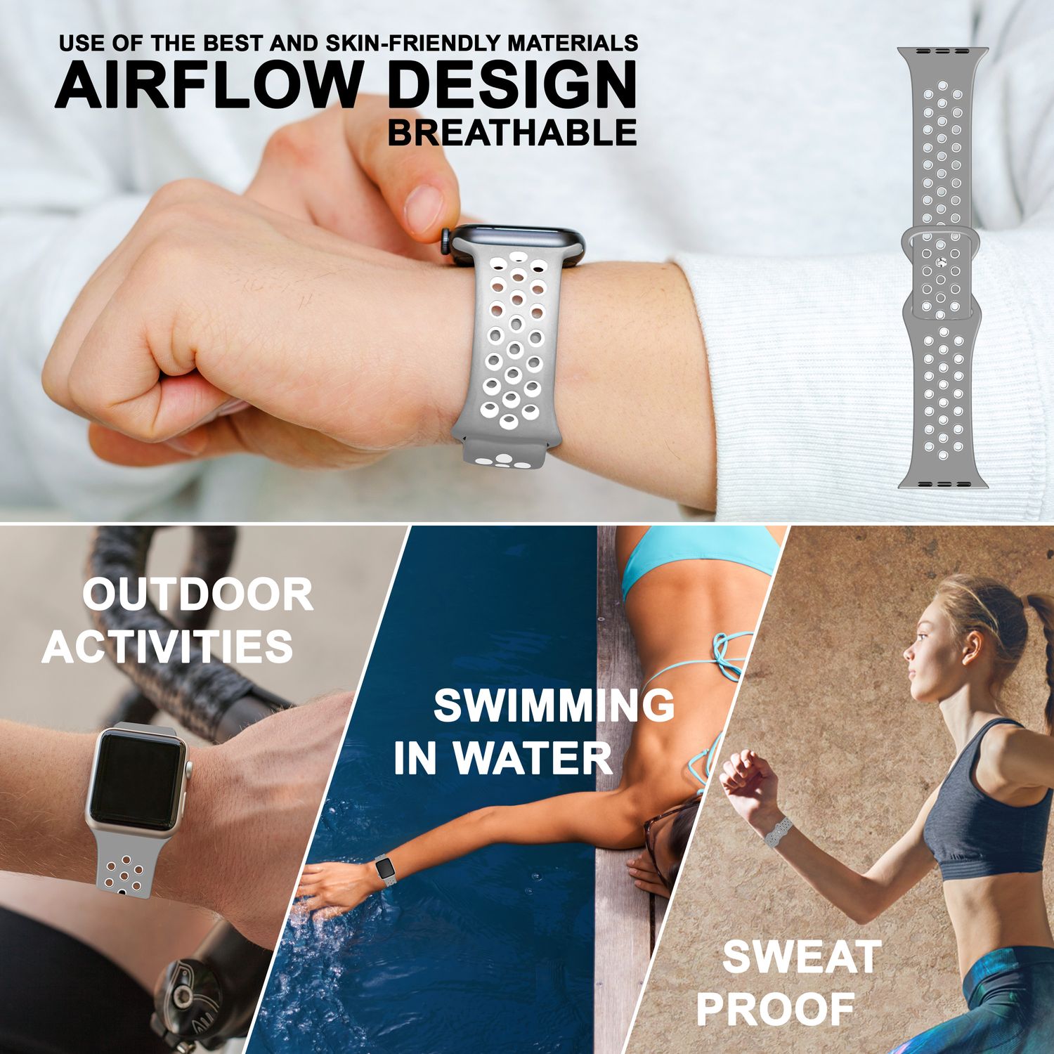 Airflow Silikon Armband für Apple Watch Ultra/Se/8/7/6/5/4/3/2/1, 42/44/45/49mm Hell Grau Weiß NALIA Silikon Armband