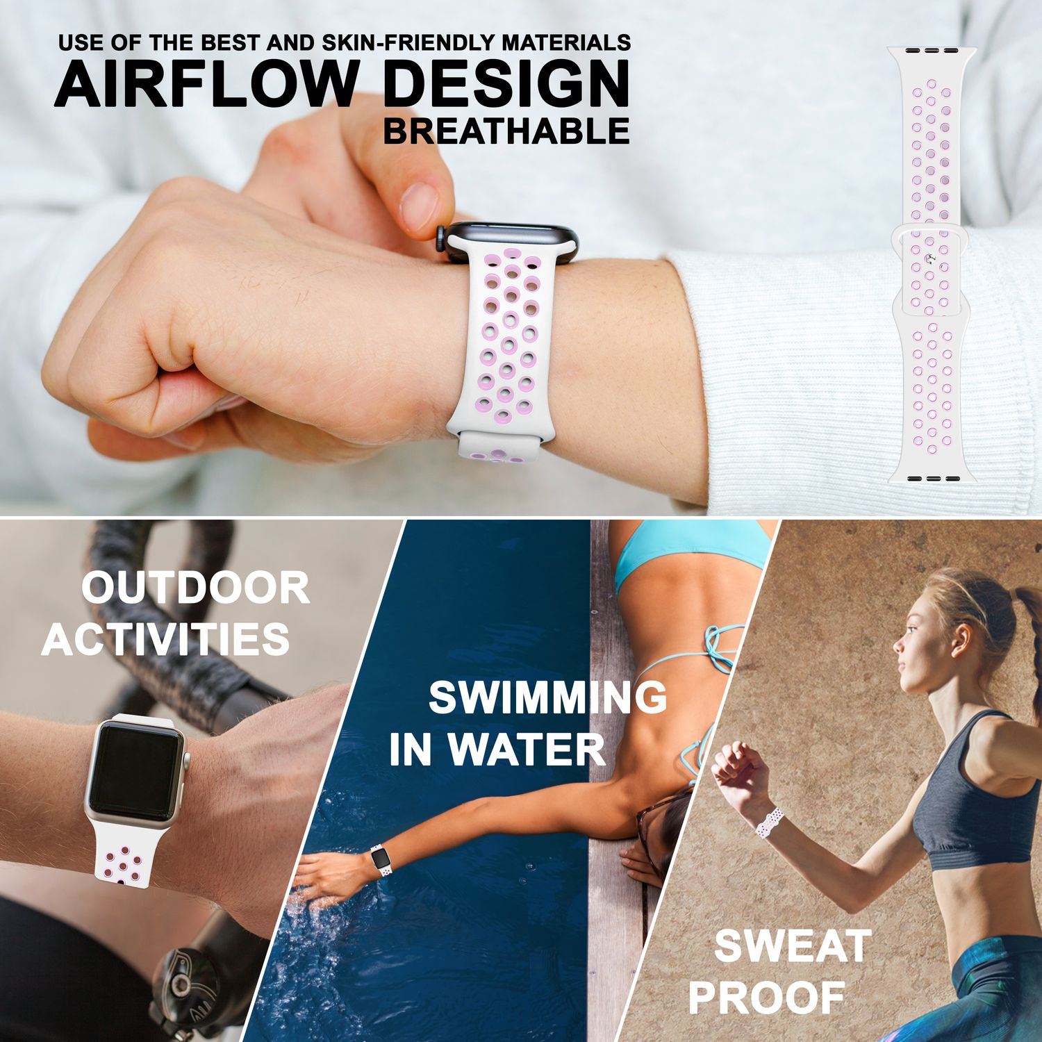 Airflow Silikon Armband für Apple Watch Ultra/Se/8/7/6/5/4/3/2/1, 42/44/45/49mm Weiß Pink NALIA Silikon Armband
