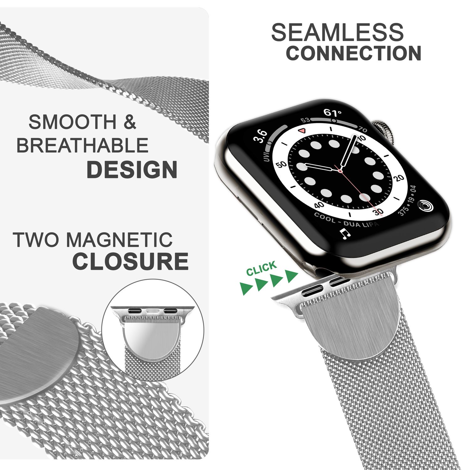 Milanaise Metall Armband für Apple Watch SE/8/7/6/5/4/3/2/1, 38/40/41mm Silber NALIA Metall Armband