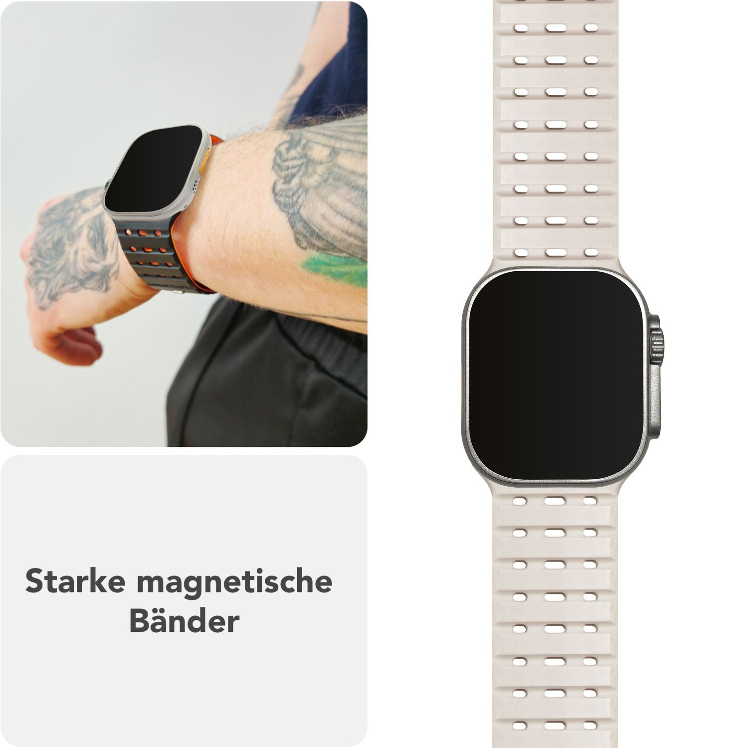 NALIA Volt Armband für Apple Watch Series Ultra/SE/10/9/8/7/6/5/4/3/2/1, Gehäusegröße 42/44/45/49mm, Silikon Magnet Loop Sportarmband mit Steck-Pin Verschluss Polarstern Sandweiss NALIA Silikon Armband