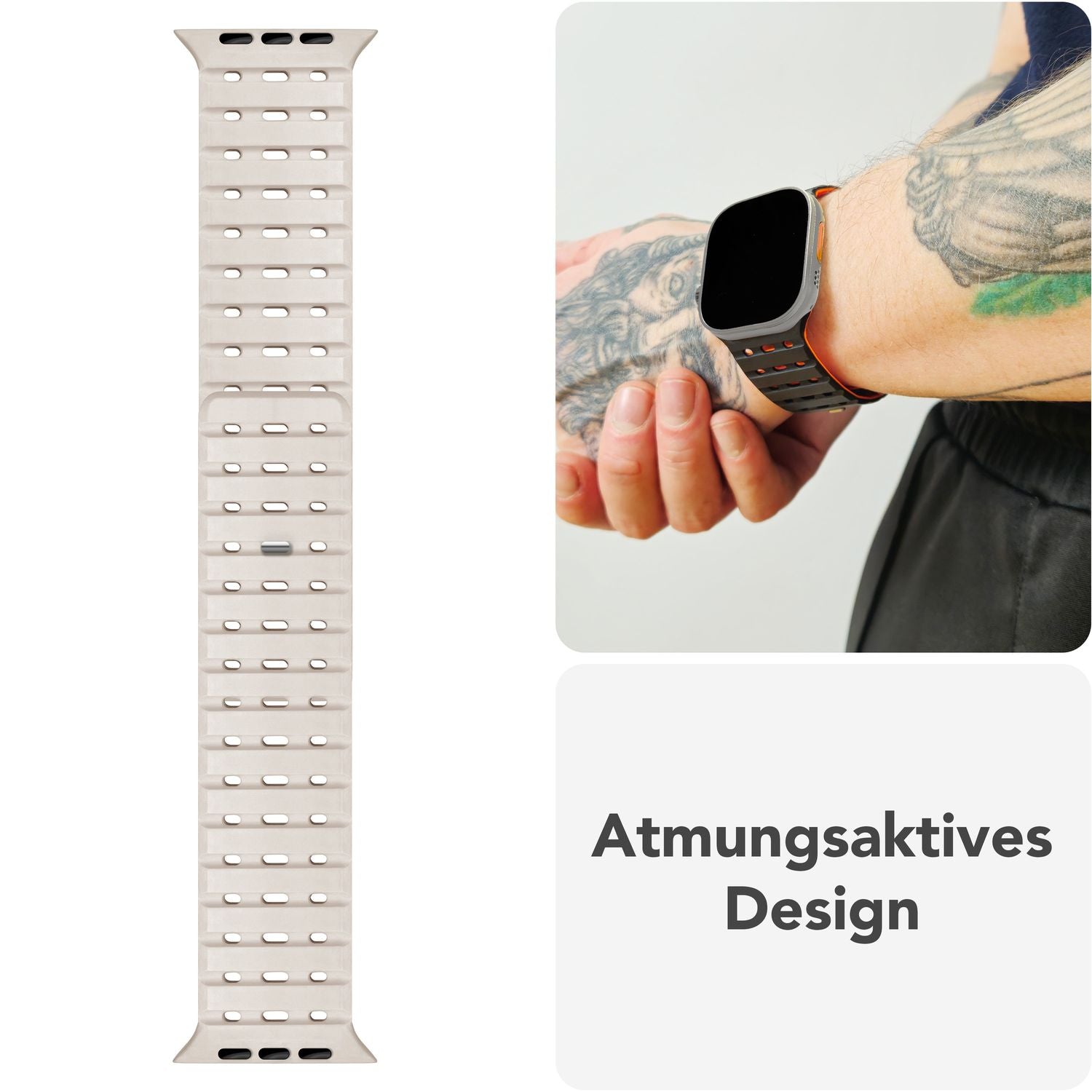 NALIA Volt Armband für Apple Watch Series Ultra/SE/10/9/8/7/6/5/4/3/2/1, Gehäusegröße 42/44/45/49mm, Silikon Magnet Loop Sportarmband mit Steck-Pin Verschluss Polarstern Sandweiss NALIA Silikon Armband