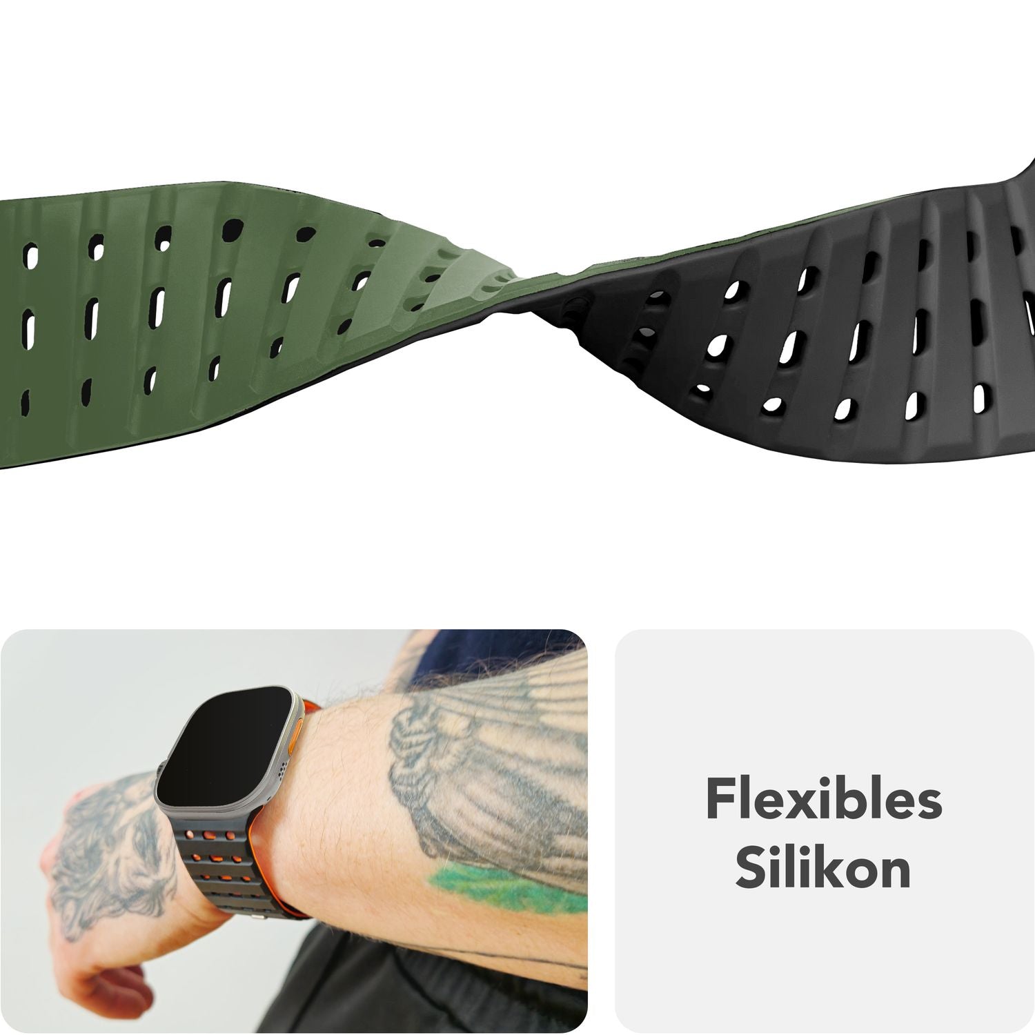 NALIA Volt Armband für Apple Watch Series Ultra/SE/10/9/8/7/6/5/4/3/2/1, Gehäusegröße 42/44/45/49mm, Silikon Magnet Loop Sportarmband mit Steck-Pin Verschluss Waldgrün NALIA Silikon Armband