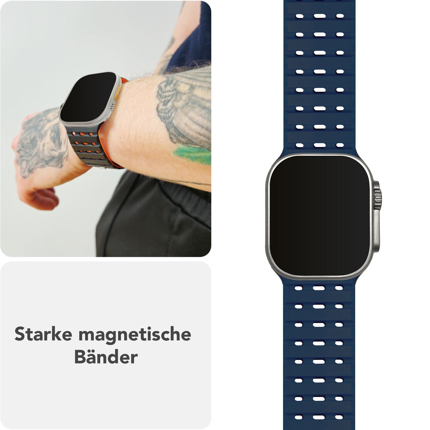 NALIA Volt Armband für Apple Watch Series Ultra/SE/10/9/8/7/6/5/4/3/2/1, Gehäusegröße 42/44/45/49mm, Silikon Magnet Loop Sportarmband mit Steck-Pin Verschluss Ozeannacht NALIA Silikon Armband