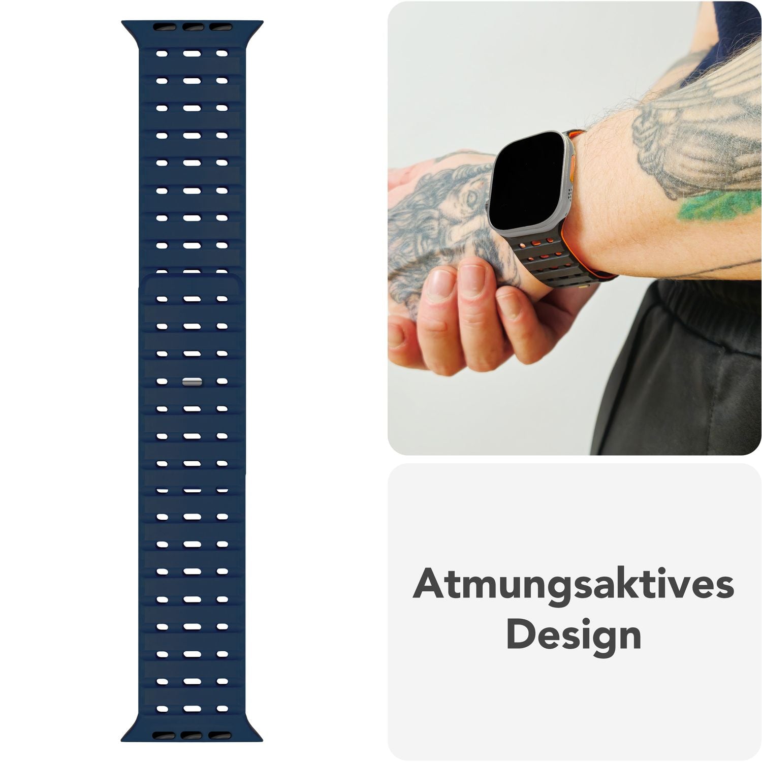 NALIA Volt Armband für Apple Watch Series Ultra/SE/10/9/8/7/6/5/4/3/2/1, Gehäusegröße 42/44/45/49mm, Silikon Magnet Loop Sportarmband mit Steck-Pin Verschluss Ozeannacht NALIA Silikon Armband