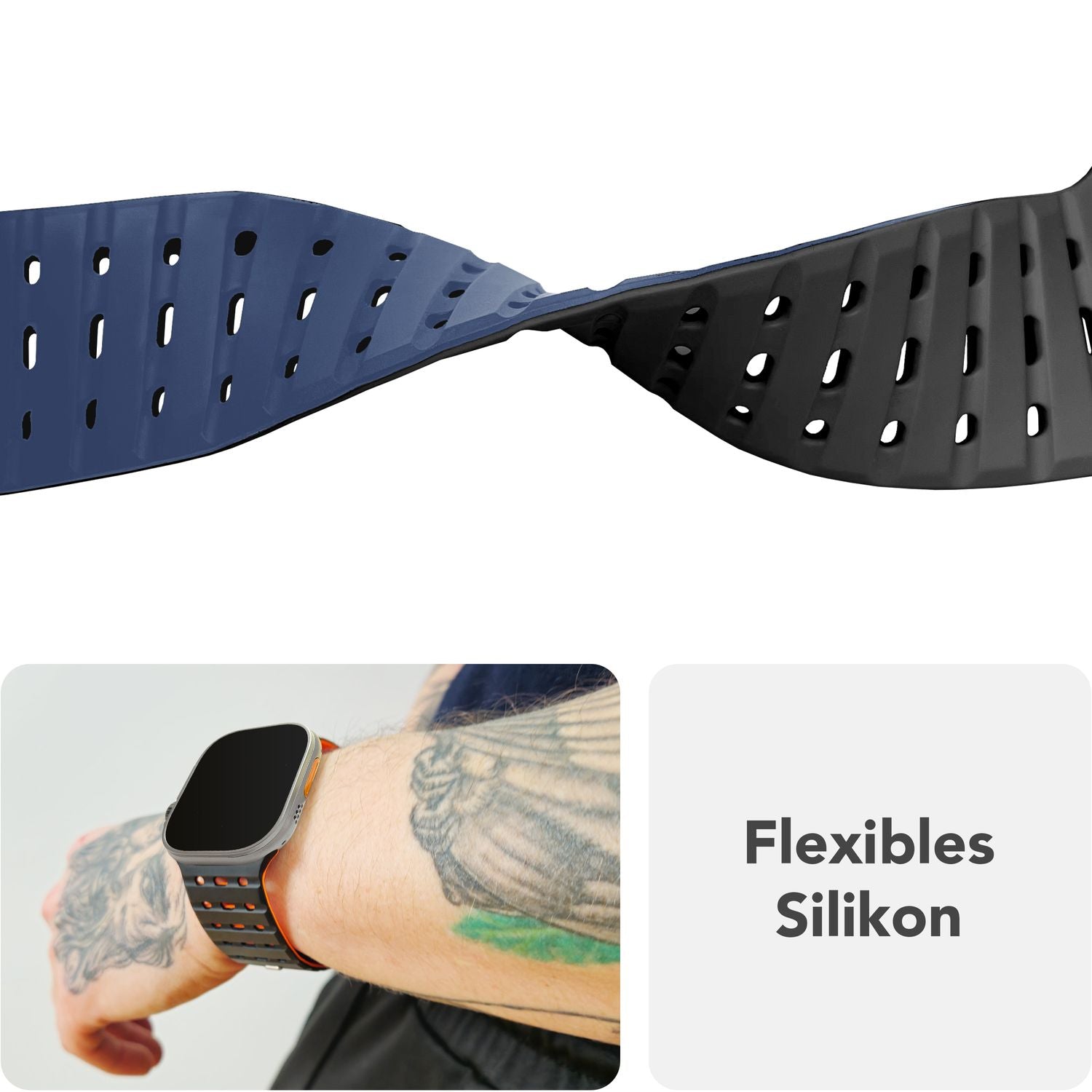 NALIA Volt Armband für Apple Watch Series Ultra/SE/10/9/8/7/6/5/4/3/2/1, Gehäusegröße 42/44/45/49mm, Silikon Magnet Loop Sportarmband mit Steck-Pin Verschluss Ozeannacht NALIA Silikon Armband