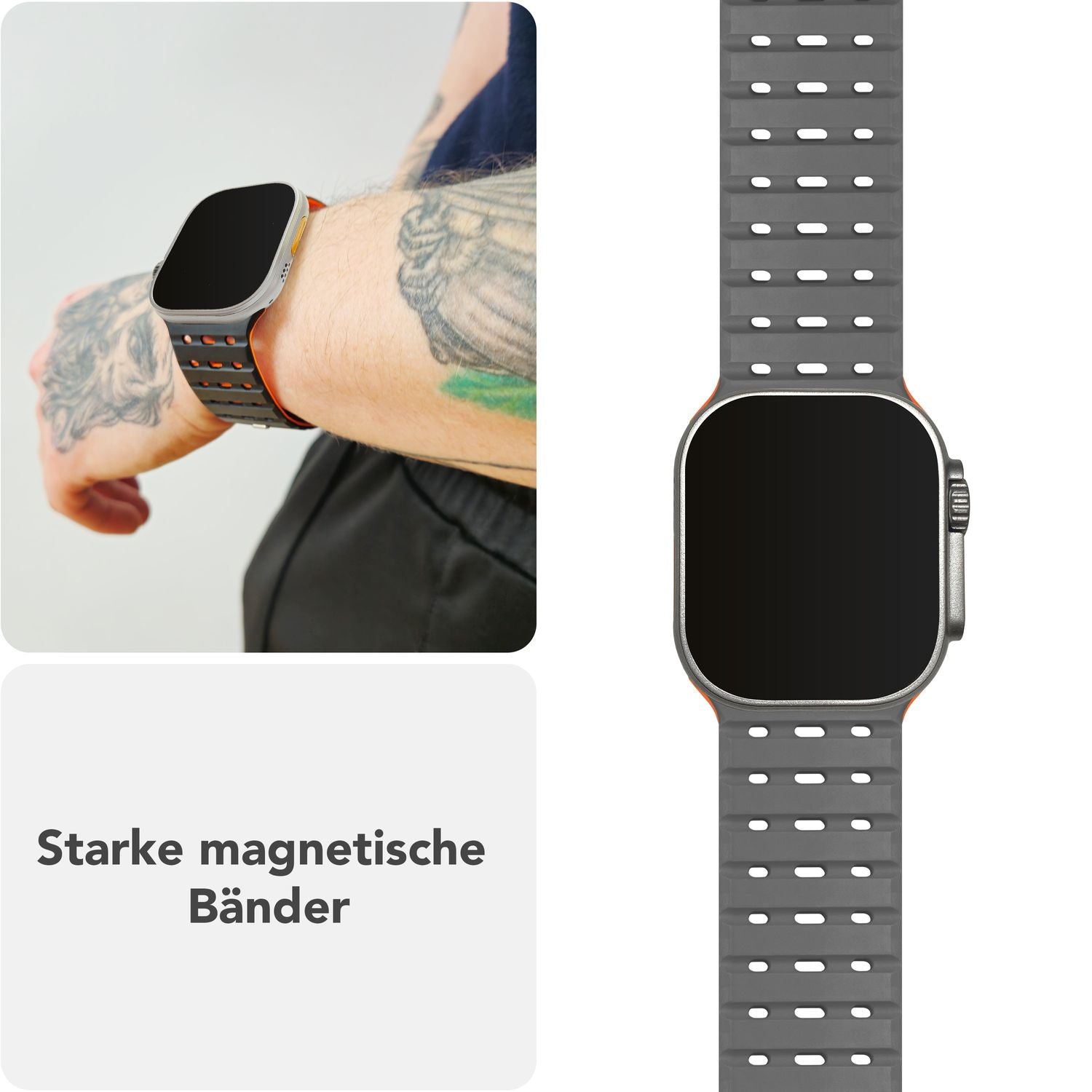 NALIA Volt Armband für Apple Watch Series Ultra/SE/10/9/8/7/6/5/4/3/2/1, Gehäusegröße 42/44/45/49mm, Silikon Magnet Loop Sportarmband mit Steck-Pin Verschluss Vulkanasche NALIA Silikon Armband