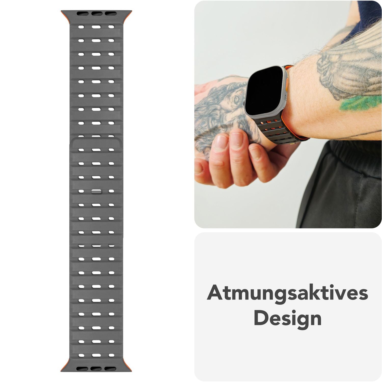 NALIA Volt Armband für Apple Watch Series Ultra/SE/10/9/8/7/6/5/4/3/2/1, Gehäusegröße 42/44/45/49mm, Silikon Magnet Loop Sportarmband mit Steck-Pin Verschluss Vulkanasche NALIA Silikon Armband