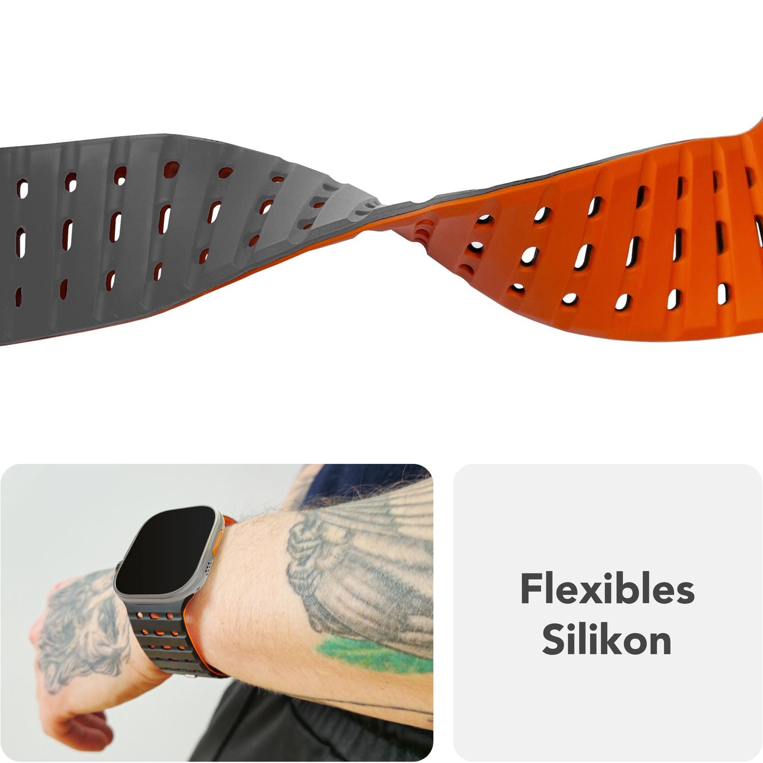 NALIA Volt Armband für Apple Watch Series Ultra/SE/10/9/8/7/6/5/4/3/2/1, Gehäusegröße 42/44/45/49mm, Silikon Magnet Loop Sportarmband mit Steck-Pin Verschluss Vulkanasche NALIA Silikon Armband