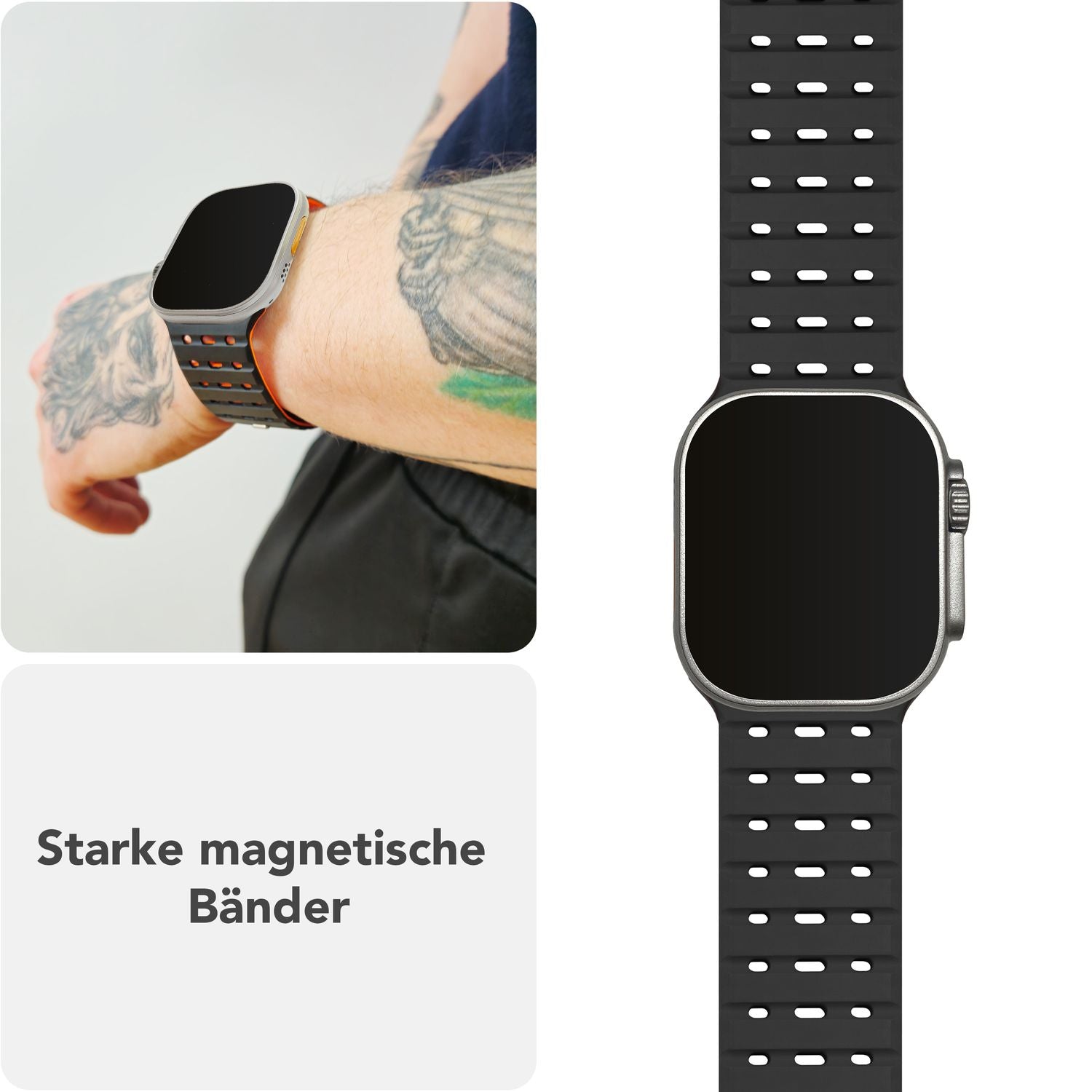 NALIA Volt Armband für Apple Watch Series Ultra/SE/10/9/8/7/6/5/4/3/2/1, Gehäusegröße 42/44/45/49mm, Silikon Magnet Loop Sportarmband mit Steck-Pin Verschluss Nachtschwarz NALIA Silikon Armband