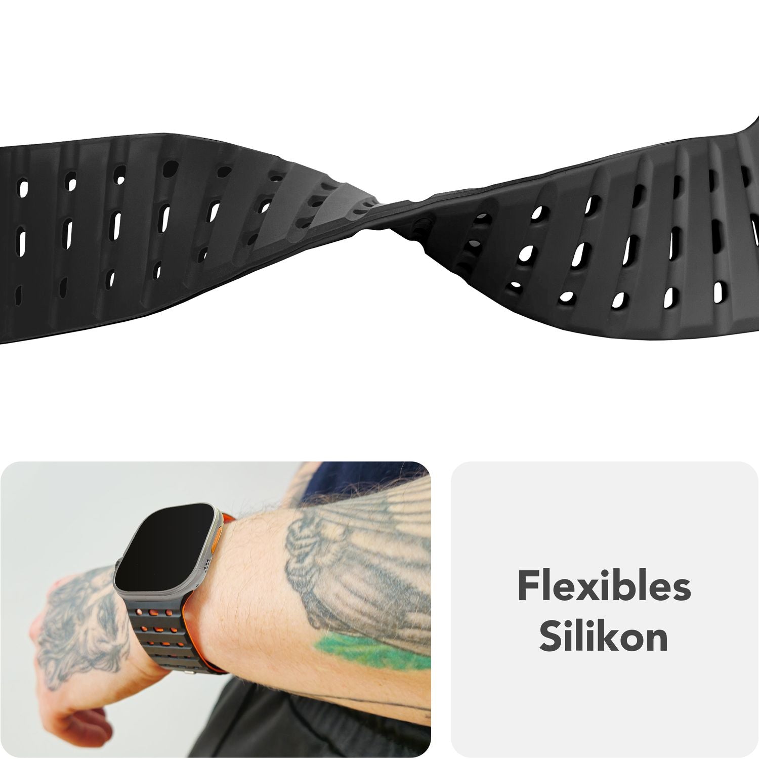 NALIA Volt Armband für Apple Watch Series Ultra/SE/10/9/8/7/6/5/4/3/2/1, Gehäusegröße 42/44/45/49mm, Silikon Magnet Loop Sportarmband mit Steck-Pin Verschluss Nachtschwarz NALIA Silikon Armband