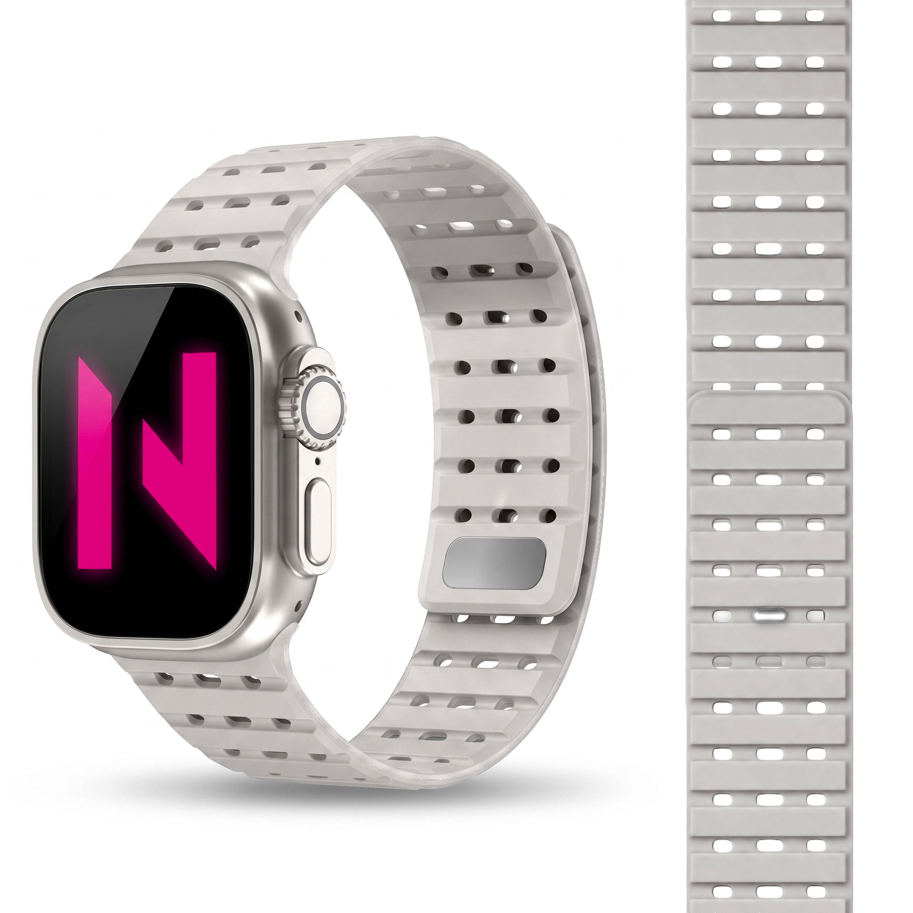 NALIA Volt Magnet Armband kompatibel mit Apple Watch Armband iWatch Series Ultra/SE/10/9/8/7/6/5/4/3/2/1, 42/44/45/49mm, Silikon Band Loop Sportarmband mit Steck-Pin Verschluss Polarstern Sandweiss NALIA Silikon Armband