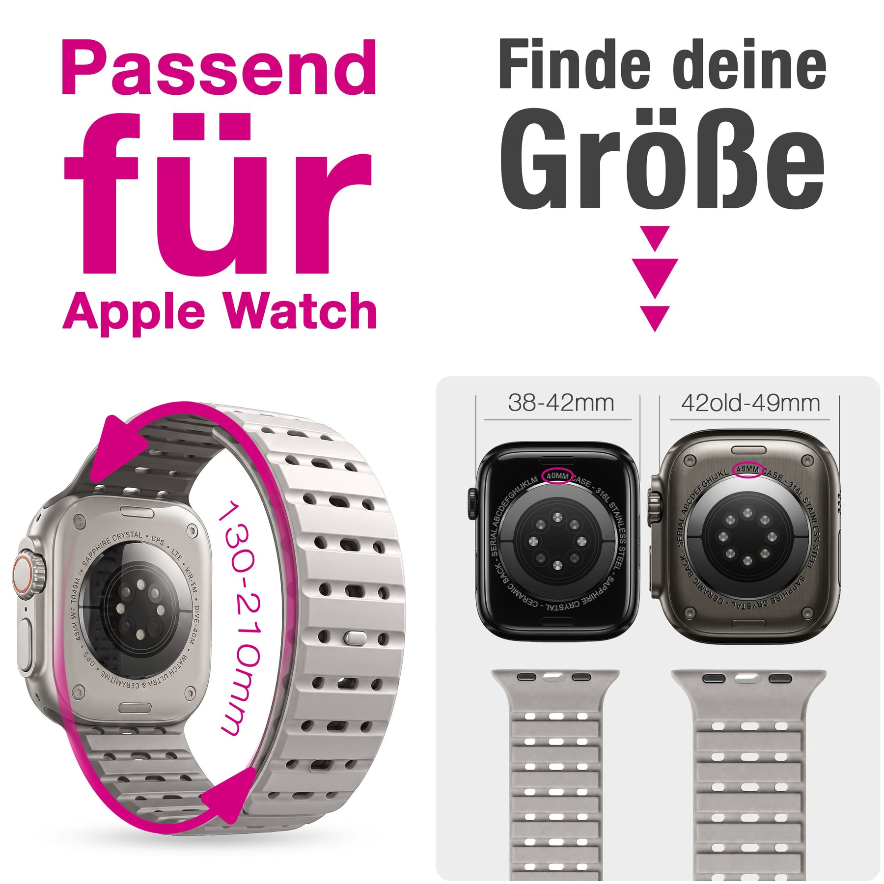 NALIA Volt Magnet Armband kompatibel mit Apple Watch Armband iWatch Series Ultra/SE/10/9/8/7/6/5/4/3/2/1, 42/44/45/49mm, Silikon Band Loop Sportarmband mit Steck-Pin Verschluss Polarstern Sandweiss NALIA Silikon Armband