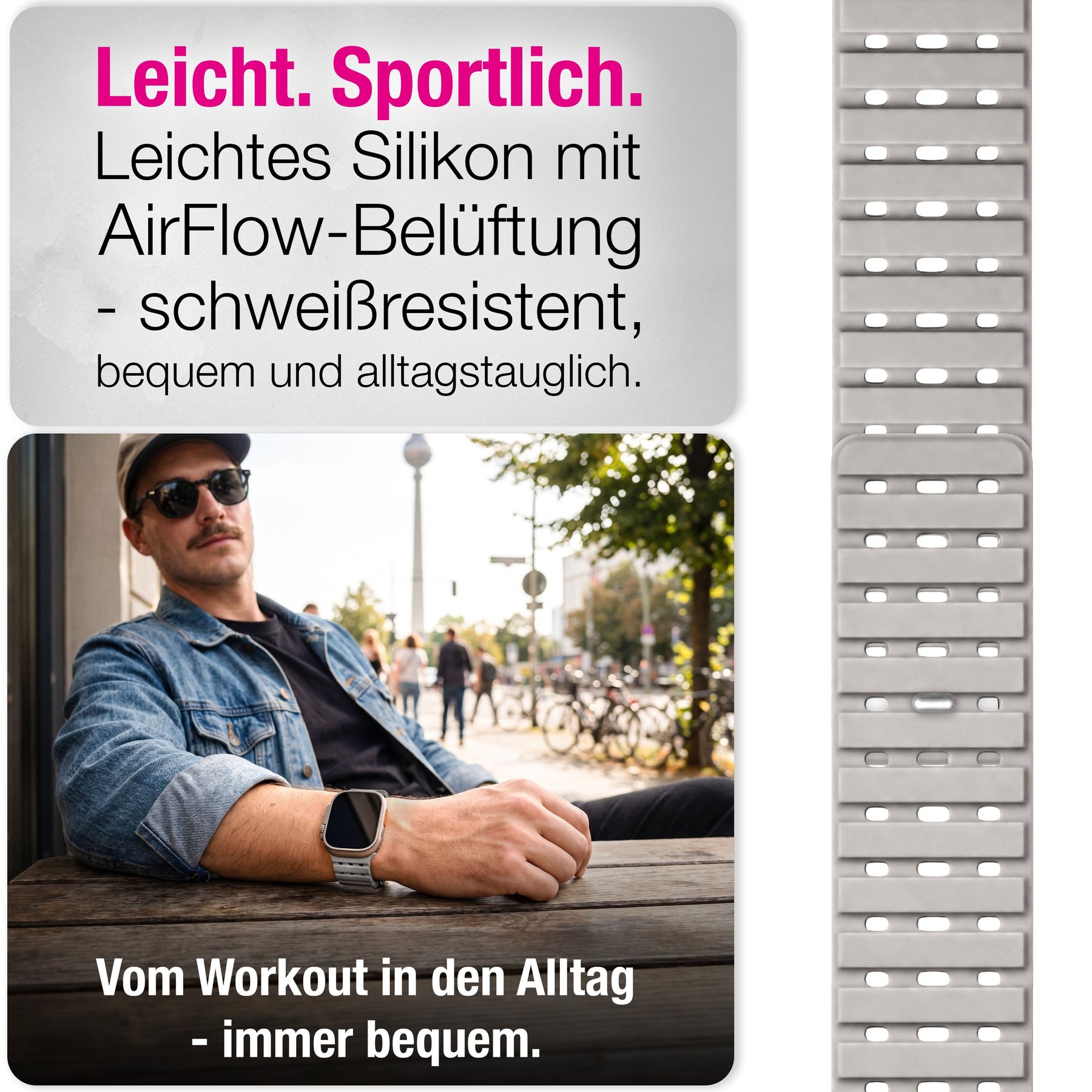 NALIA Volt Magnet Armband kompatibel mit Apple Watch Armband iWatch Series Ultra/SE/10/9/8/7/6/5/4/3/2/1, 42/44/45/49mm, Silikon Band Loop Sportarmband mit Steck-Pin Verschluss Polarstern Sandweiss NALIA Silikon Armband