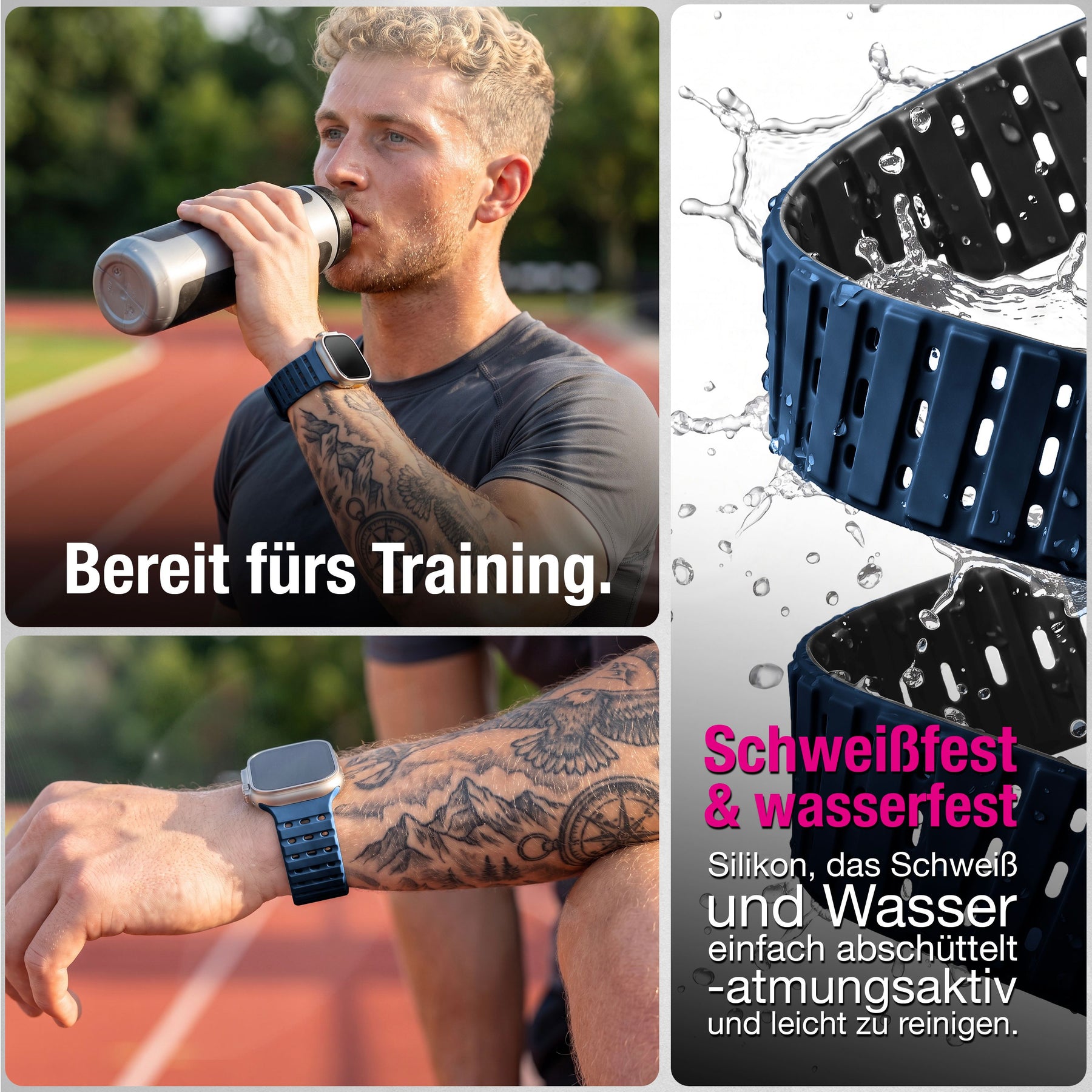 NALIA Volt Magnet Armband kompatibel mit Apple Watch Armband iWatch Series Ultra/SE/10/9/8/7/6/5/4/3/2/1, 42/44/45/49mm, Silikon Band Loop Sportarmband mit Steck-Pin Verschluss Ozeannacht NALIA Silikon Armband
