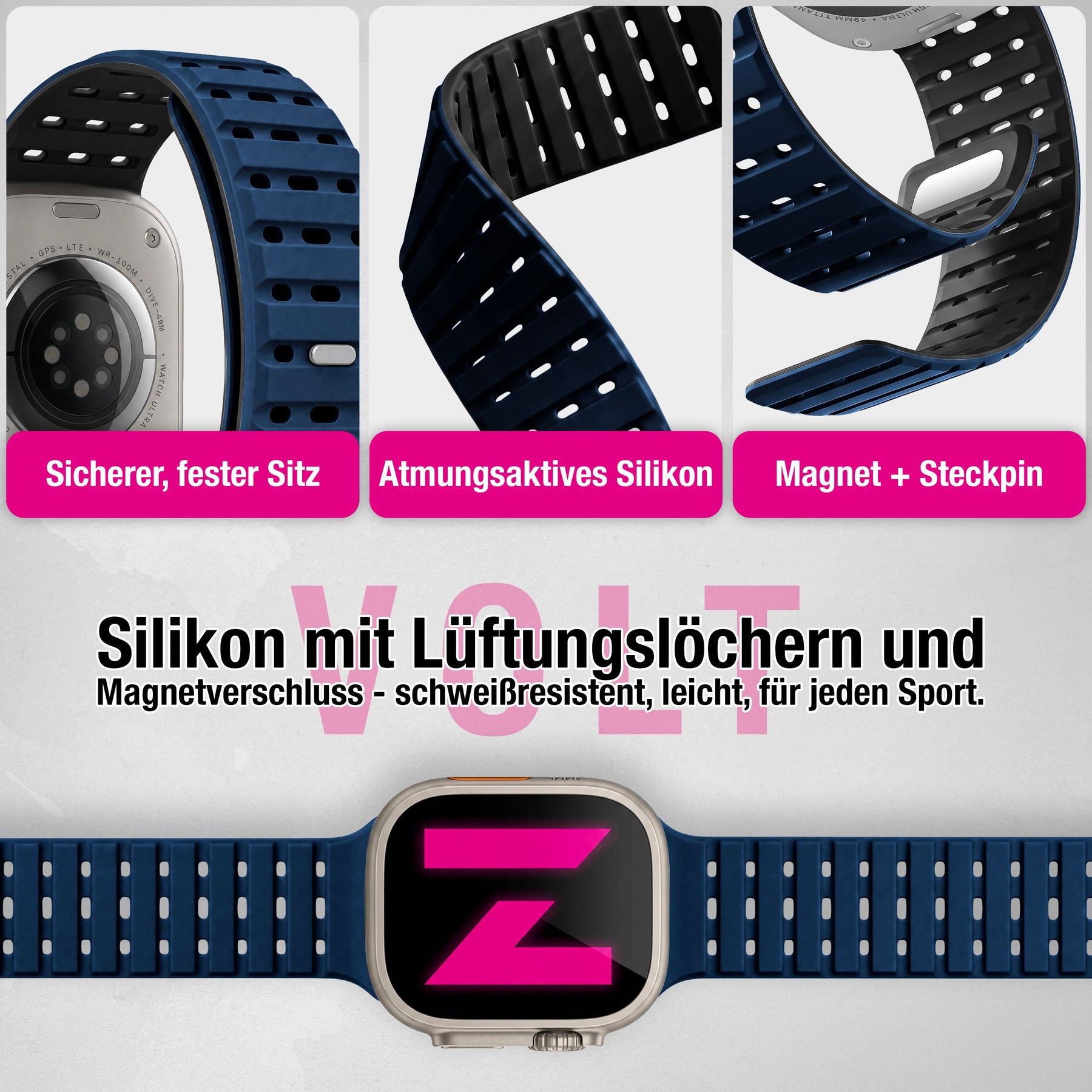 NALIA Volt Magnet Armband kompatibel mit Apple Watch Armband iWatch Series Ultra/SE/10/9/8/7/6/5/4/3/2/1, 42/44/45/49mm, Silikon Band Loop Sportarmband mit Steck-Pin Verschluss Ozeannacht NALIA Silikon Armband