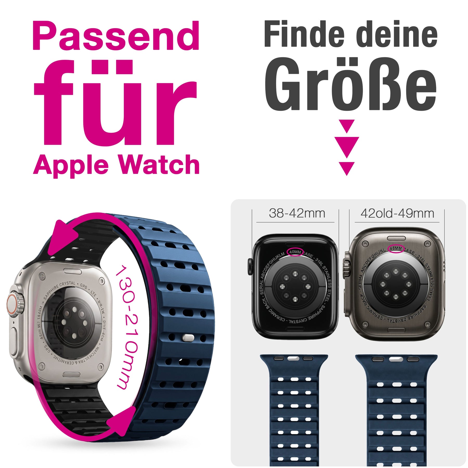 NALIA Volt Magnet Armband kompatibel mit Apple Watch Armband iWatch Series Ultra/SE/10/9/8/7/6/5/4/3/2/1, 42/44/45/49mm, Silikon Band Loop Sportarmband mit Steck-Pin Verschluss Ozeannacht NALIA Silikon Armband