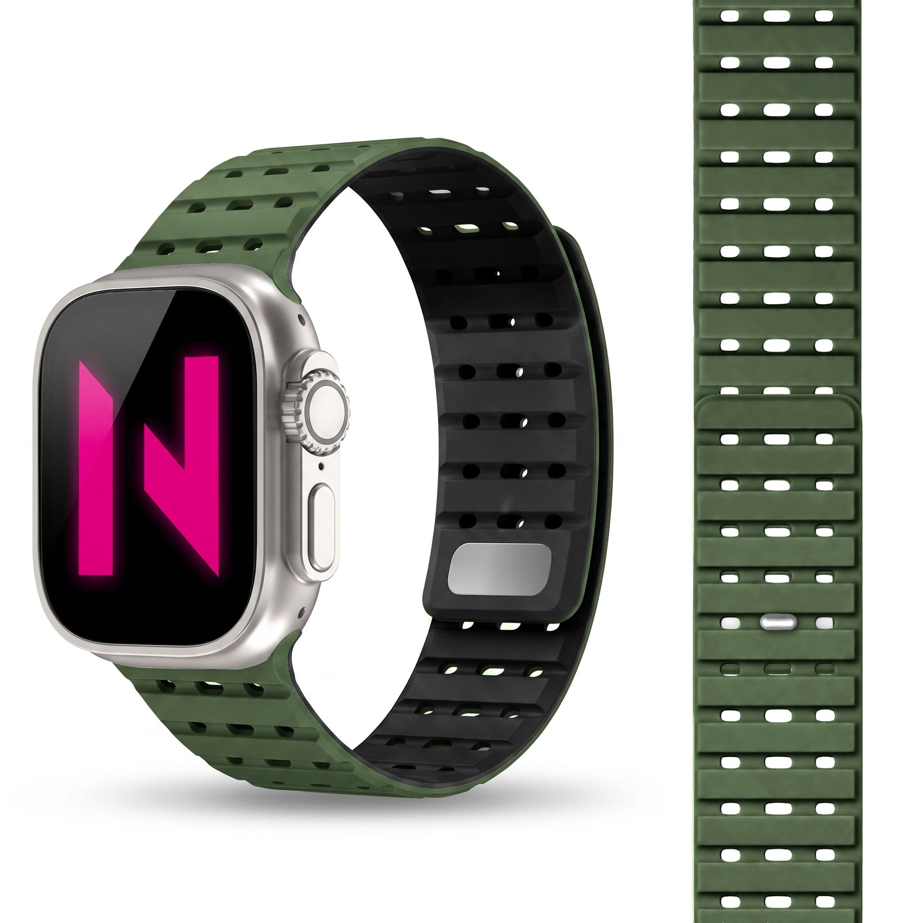 NALIA Volt Magnet Armband kompatibel mit Apple Watch Armband iWatch Series Ultra/SE/10/9/8/7/6/5/4/3/2/1, 42/44/45/49mm, Silikon Band Loop Sportarmband mit Steck-Pin Verschluss Waldgrün NALIA Silikon Armband
