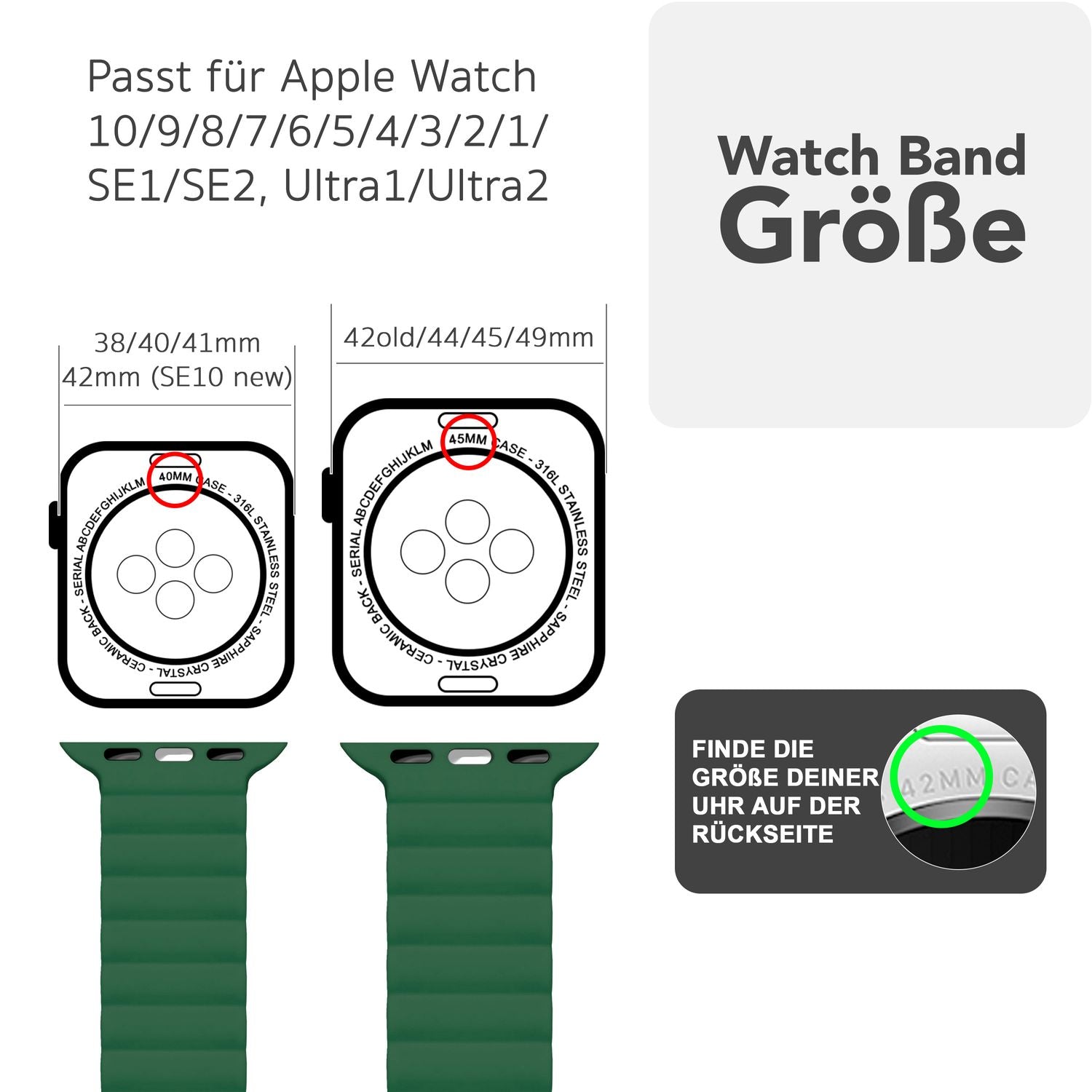 NALIA Core Armband für Apple Watch SE/10/9/8/7/6/5/4/3/2/1, Gehäusegröße 38/40/41/42mm, Atmungsaktives Silikon Magnet Loop Sportarmband mit Rillen Design Waldgrün NALIA Silikon Armband