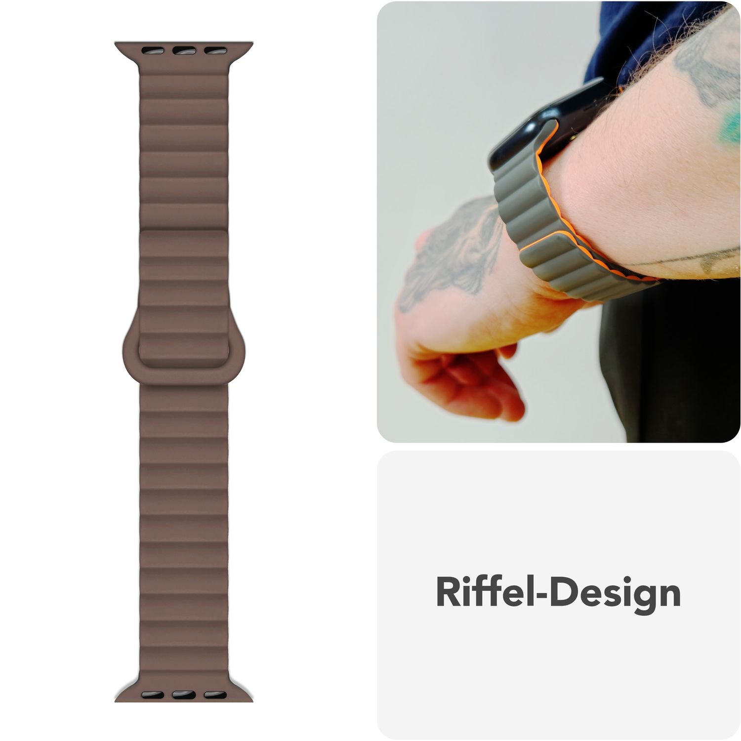 NALIA Core Armband für Apple Watch SE/10/9/8/7/6/5/4/3/2/1, Gehäusegröße 38/40/41/42mm, Atmungsaktives Silikon Magnet Loop Sportarmband mit Rillen Design Kakaotraum NALIA Silikon Armband