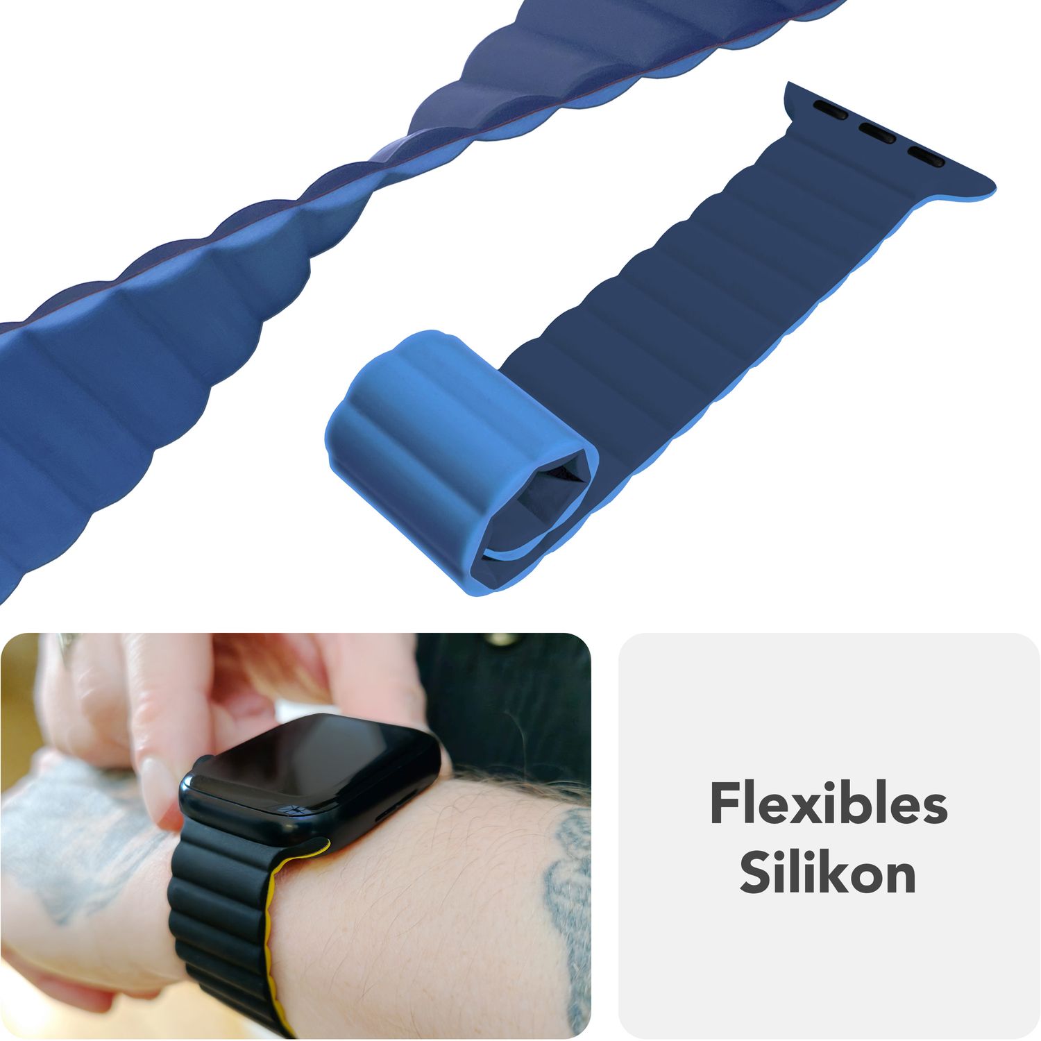 NALIA Core Armband für Apple Watch SE/10/9/8/7/6/5/4/3/2/1, Gehäusegröße 38/40/41/42mm, Atmungsaktives Silikon Magnet Loop Sportarmband mit Rillen Design Ozeannacht NALIA Silikon Armband