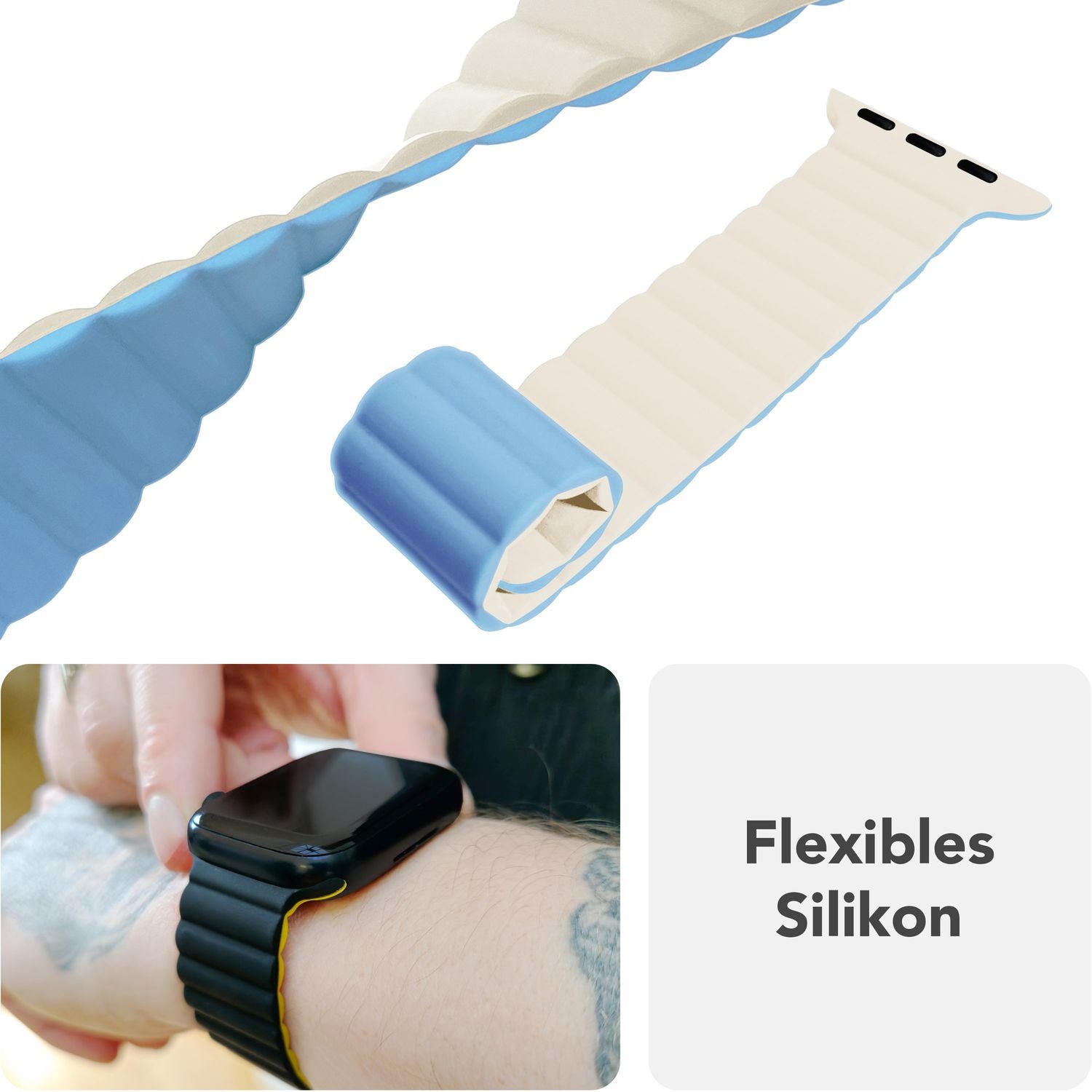 NALIA Core Armband für Apple Watch SE/10/9/8/7/6/5/4/3/2/1, Gehäusegröße 38/40/41/42mm, Atmungsaktives Silikon Magnet Loop Sportarmband mit Rillen Design Eisnebelblau NALIA Silikon Armband