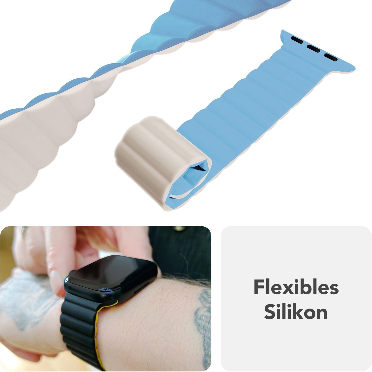 NALIA Core Armband für Apple Watch SE/10/9/8/7/6/5/4/3/2/1, Gehäusegröße 38/40/41/42mm, Atmungsaktives Silikon Magnet Loop Sportarmband mit Rillen Design Froststern NALIA Silikon Armband