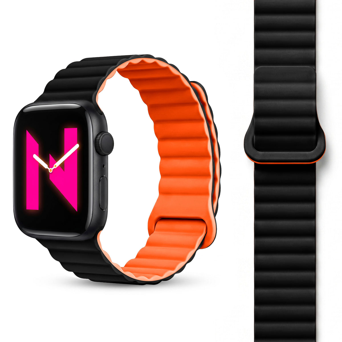 NALIA Core Magnet Armband kompatibel mit Apple Watch SE & iWatch Series 10 9 8 7 6 5 4 3 2 1, 38/40/41/42mm, Atmungsaktives Silikon Loop, Sportarmband mit Rillen Design Nachtschwarz Orange NALIA Silikon Armband