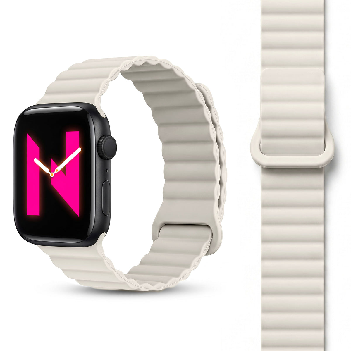 NALIA Core Magnet Armband kompatibel mit Apple Watch SE & iWatch Series 10 9 8 7 6 5 4 3 2 1, 38/40/41/42mm, Atmungsaktives Silikon Loop, Sportarmband mit Rillen Design Polarstern Sandweiss NALIA Silikon Armband