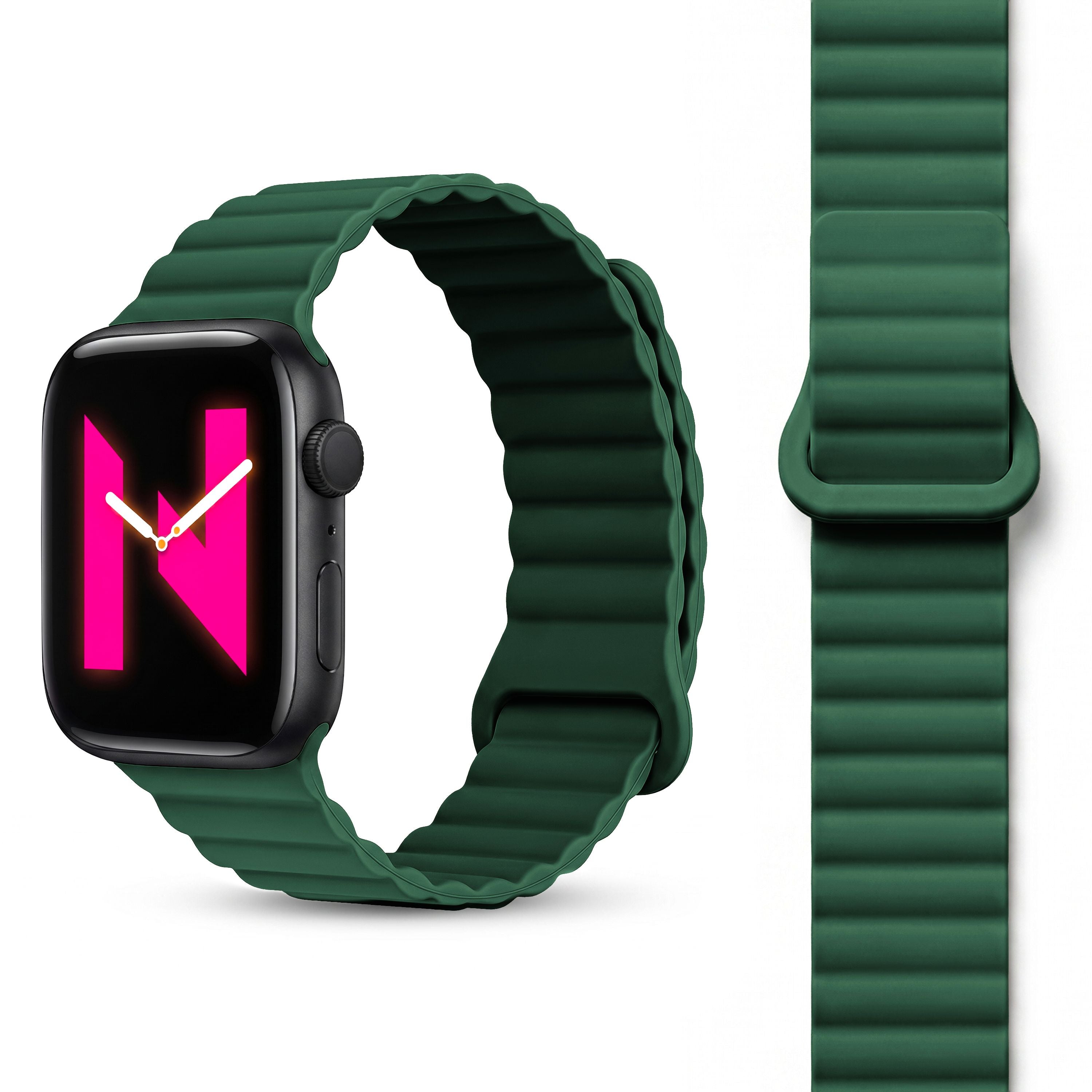 NALIA Core Magnet Armband kompatibel mit Apple Watch SE & iWatch Series 10 9 8 7 6 5 4 3 2 1, 38/40/41/42mm, Atmungsaktives Silikon Loop, Sportarmband mit Rillen Design Waldgrün NALIA Silikon Armband