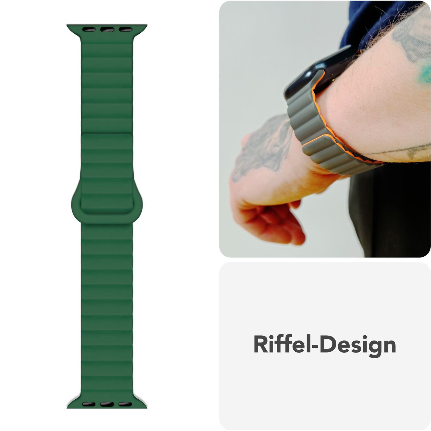 NALIA Core Armband für Apple Watch Ultra/SE/10/9/8/7/6/5/4/3/2/1, Gehäusegröße 42/44/45/46/49mm, Atmungsaktives Silikon Magnet Sportarmband mit Rillen Design Waldgrün NALIA Silikon Armband