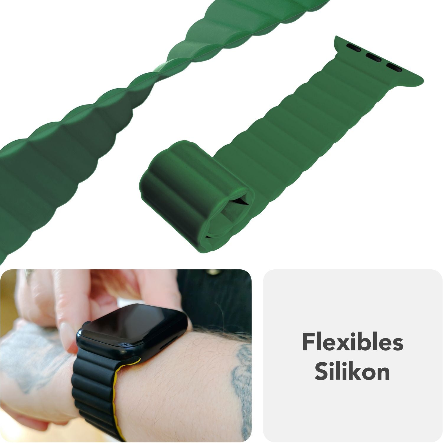 NALIA Core Armband für Apple Watch Ultra/SE/10/9/8/7/6/5/4/3/2/1, Gehäusegröße 42/44/45/46/49mm, Atmungsaktives Silikon Magnet Sportarmband mit Rillen Design Waldgrün NALIA Silikon Armband