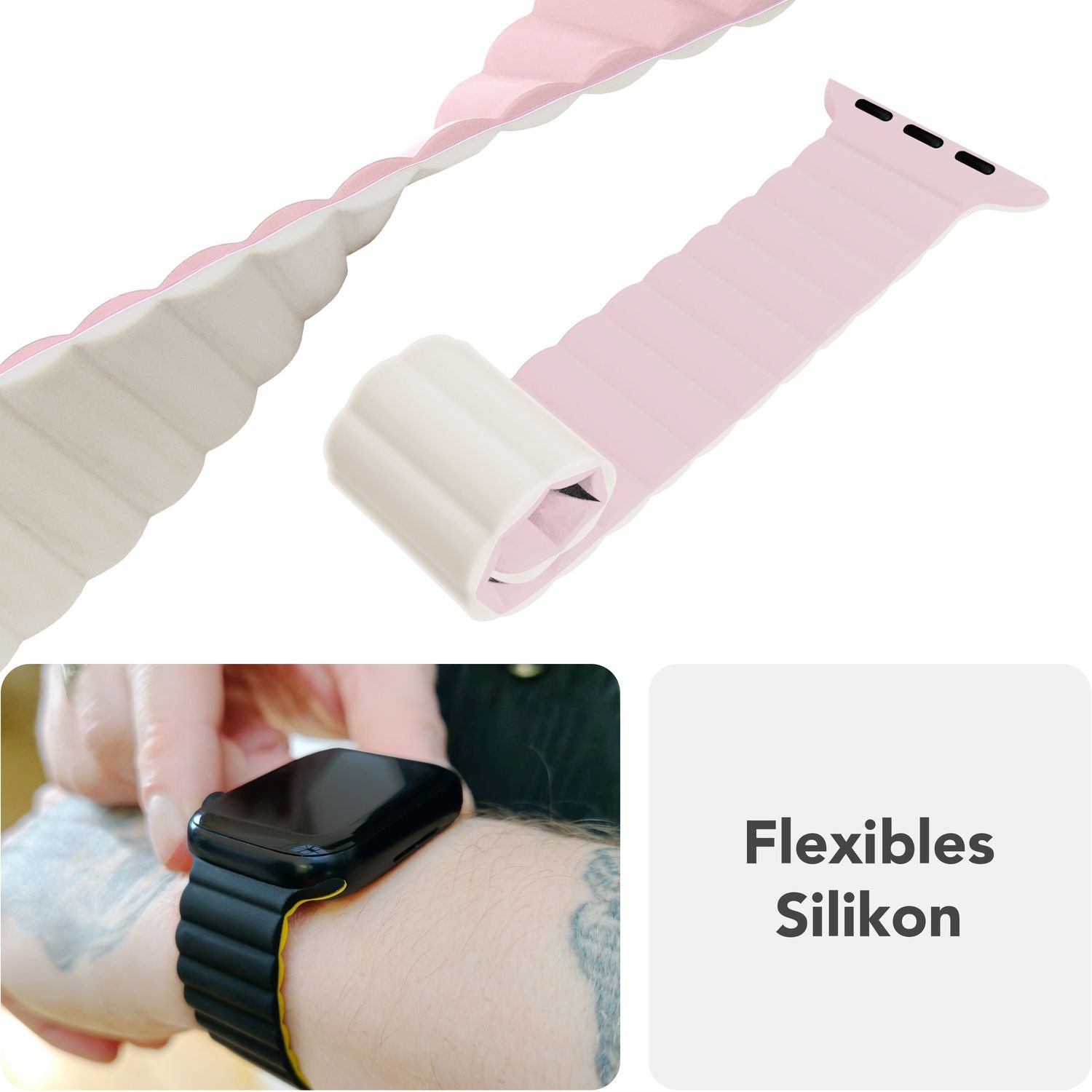 NALIA Core Armband für Apple Watch Ultra/SE/10/9/8/7/6/5/4/3/2/1, Gehäusegröße 42/44/45/46/49mm, Atmungsaktives Silikon Magnet Sportarmband mit Rillen Design Pfirsichblüte NALIA Silikon Armband