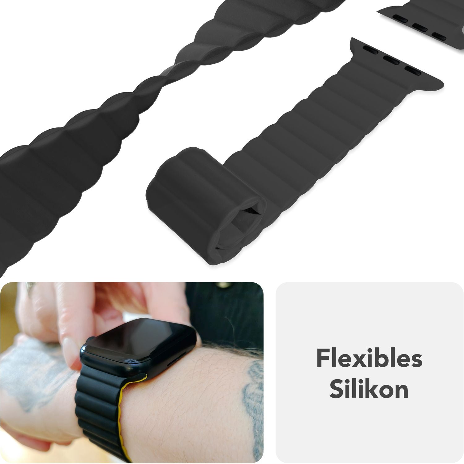 NALIA Core Armband für Apple Watch Ultra/SE/10/9/8/7/6/5/4/3/2/1, Gehäusegröße 42/44/45/46/49mm, Atmungsaktives Silikon Magnet Sportarmband mit Rillen Design Nachtschwarz NALIA Silikon Armband