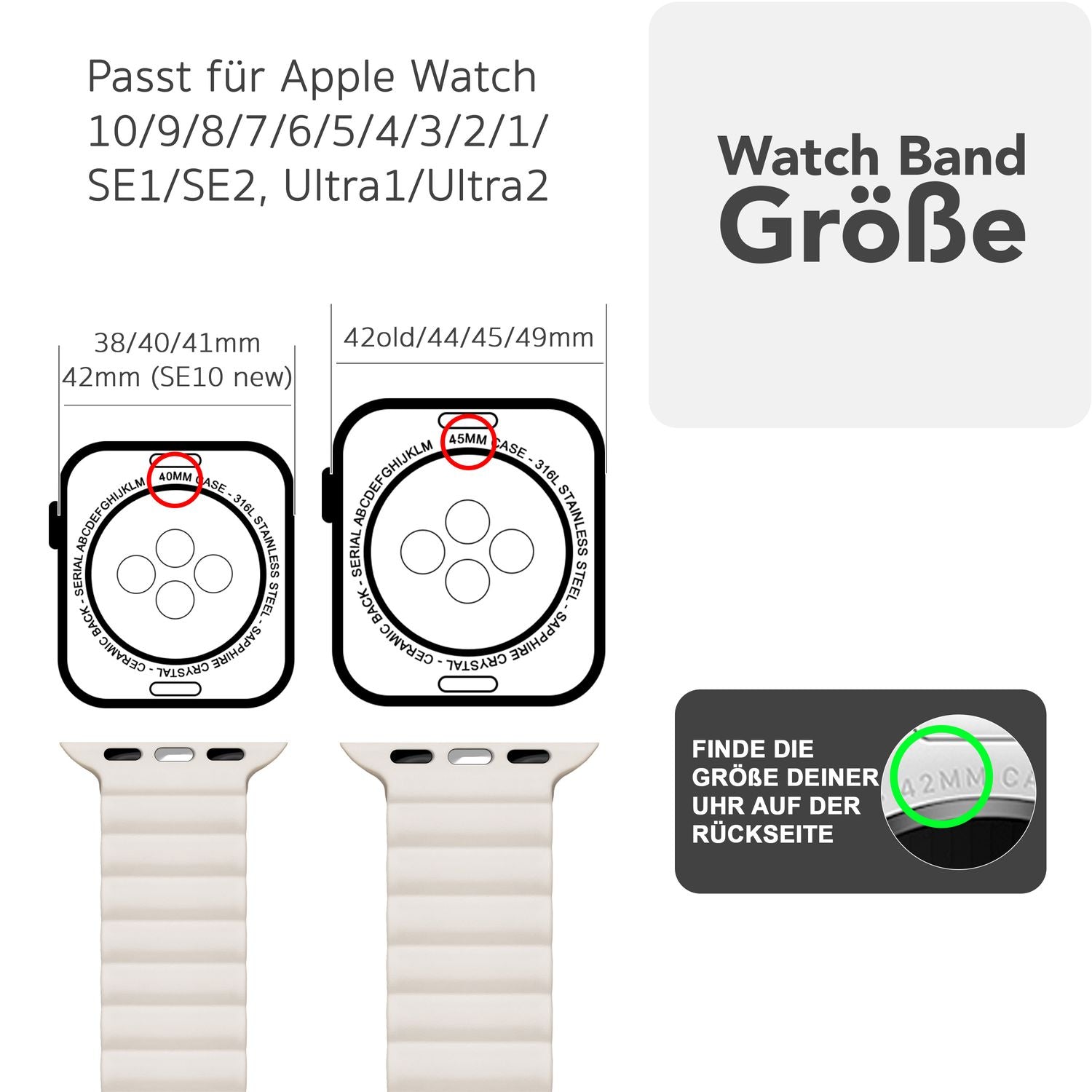 NALIA Core Armband für Apple Watch Ultra/SE/10/9/8/7/6/5/4/3/2/1, Gehäusegröße 42/44/45/46/49mm, Atmungsaktives Silikon Magnet Sportarmband mit Rillen Design Polarstern Sandweiss NALIA Silikon Armband