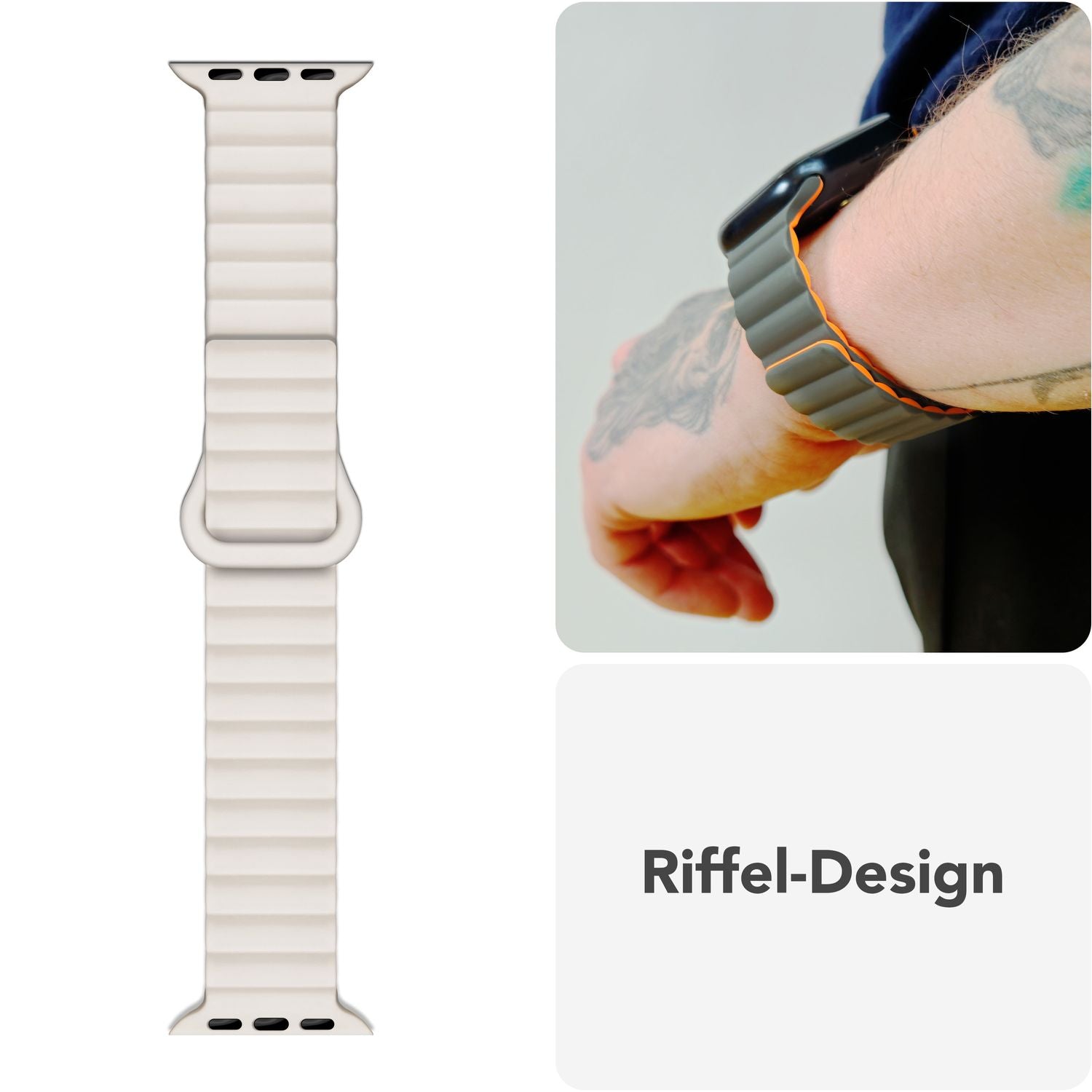 NALIA Core Armband für Apple Watch Ultra/SE/10/9/8/7/6/5/4/3/2/1, Gehäusegröße 42/44/45/46/49mm, Atmungsaktives Silikon Magnet Sportarmband mit Rillen Design Polarstern Sandweiss NALIA Silikon Armband