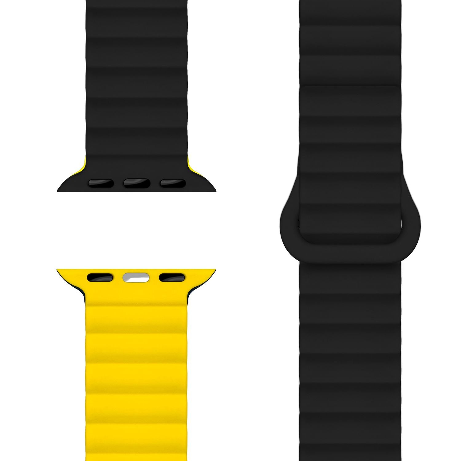 NALIA Core Armband für Apple Watch Ultra/SE/10/9/8/7/6/5/4/3/2/1, Gehäusegröße 42/44/45/46/49mm, Atmungsaktives Silikon Magnet Sportarmband mit Rillen Design Nachtschwarz Gelb NALIA Silikon Armband