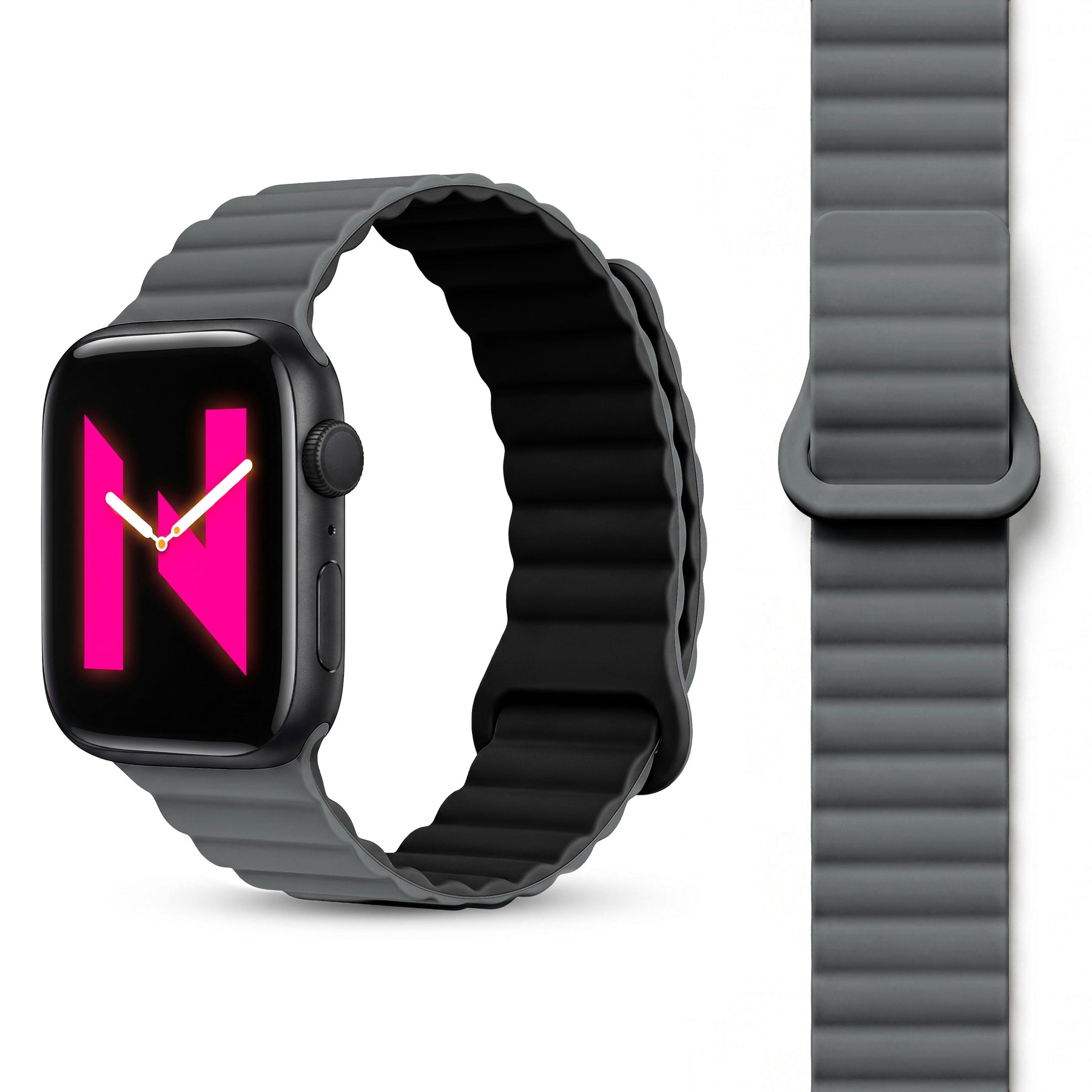 NALIA Core Magnet Armband kompatibel mit Apple Watch Series Ultra/SE/10/9/8/7/6/5/4/3/2/1 – 42/44/45/46/49mm, Atmungsaktives Silikon Loop, Sportarmband mit Rillendesign Finstergrau NALIA Silikon Armband