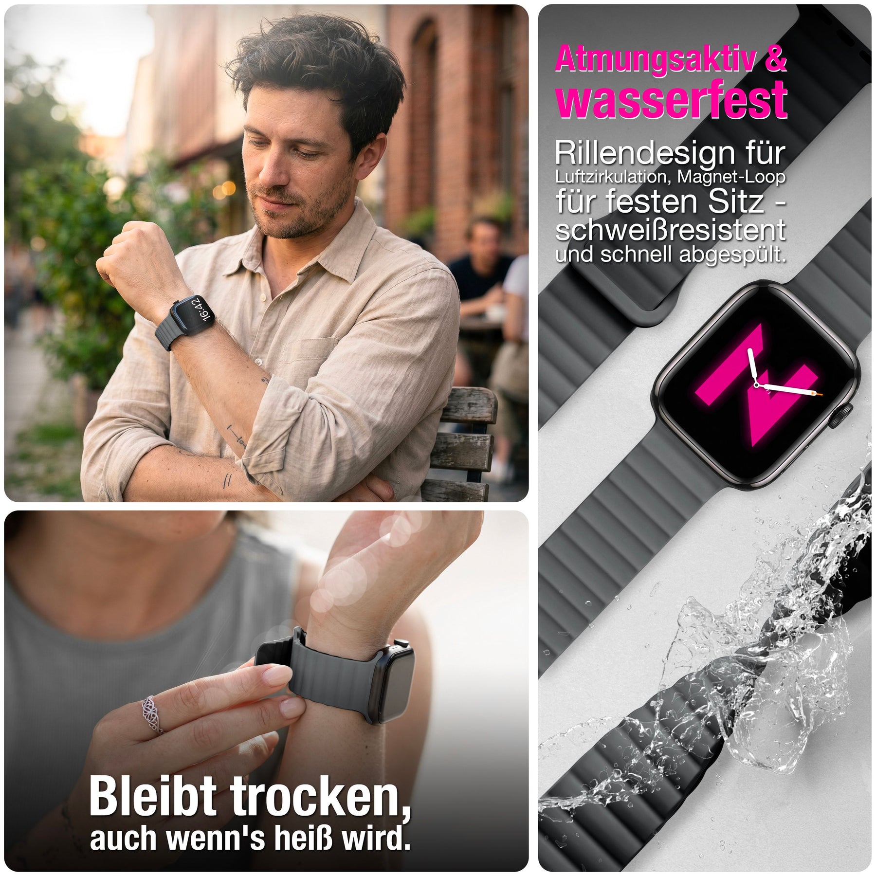 NALIA Core Magnet Armband kompatibel mit Apple Watch Series Ultra/SE/10/9/8/7/6/5/4/3/2/1 – 42/44/45/46/49mm, Atmungsaktives Silikon Loop, Sportarmband mit Rillendesign Finstergrau NALIA Silikon Armband