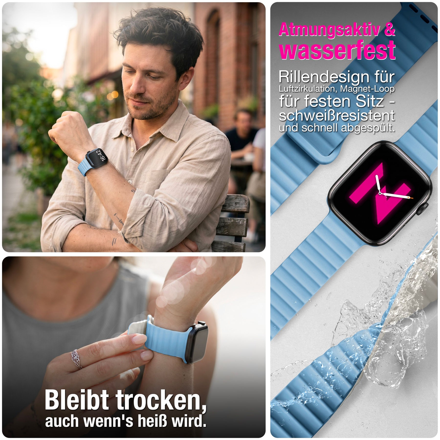 NALIA Core Magnet Armband kompatibel mit Apple Watch Series Ultra/SE/10/9/8/7/6/5/4/3/2/1 – 42/44/45/46/49mm, Atmungsaktives Silikon Loop, Sportarmband mit Rillendesign Froststern NALIA Silikon Armband